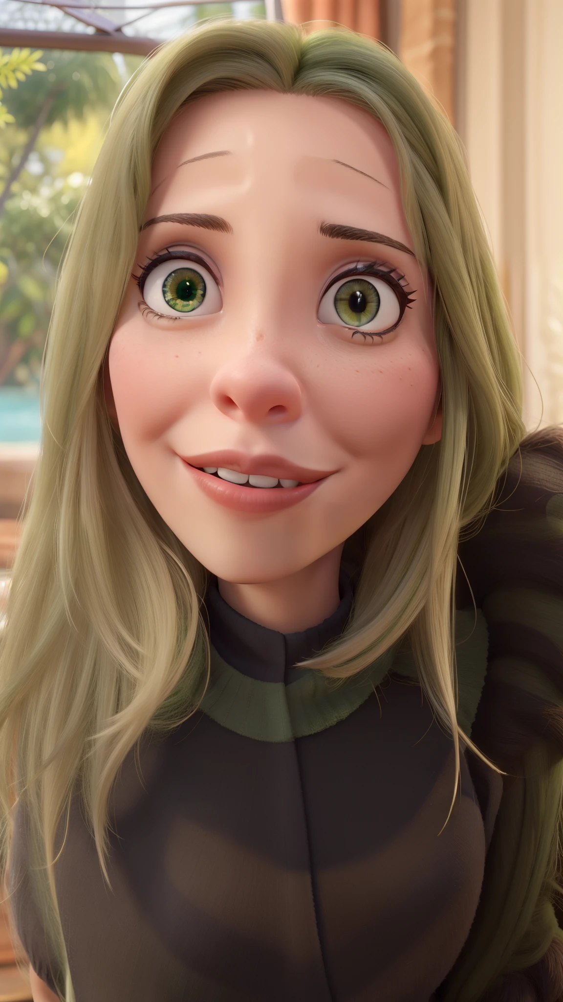 Mulher, 40 anos, loira, cabelos longos, olhos verdes, cintura fina, estilo Disney Pixar