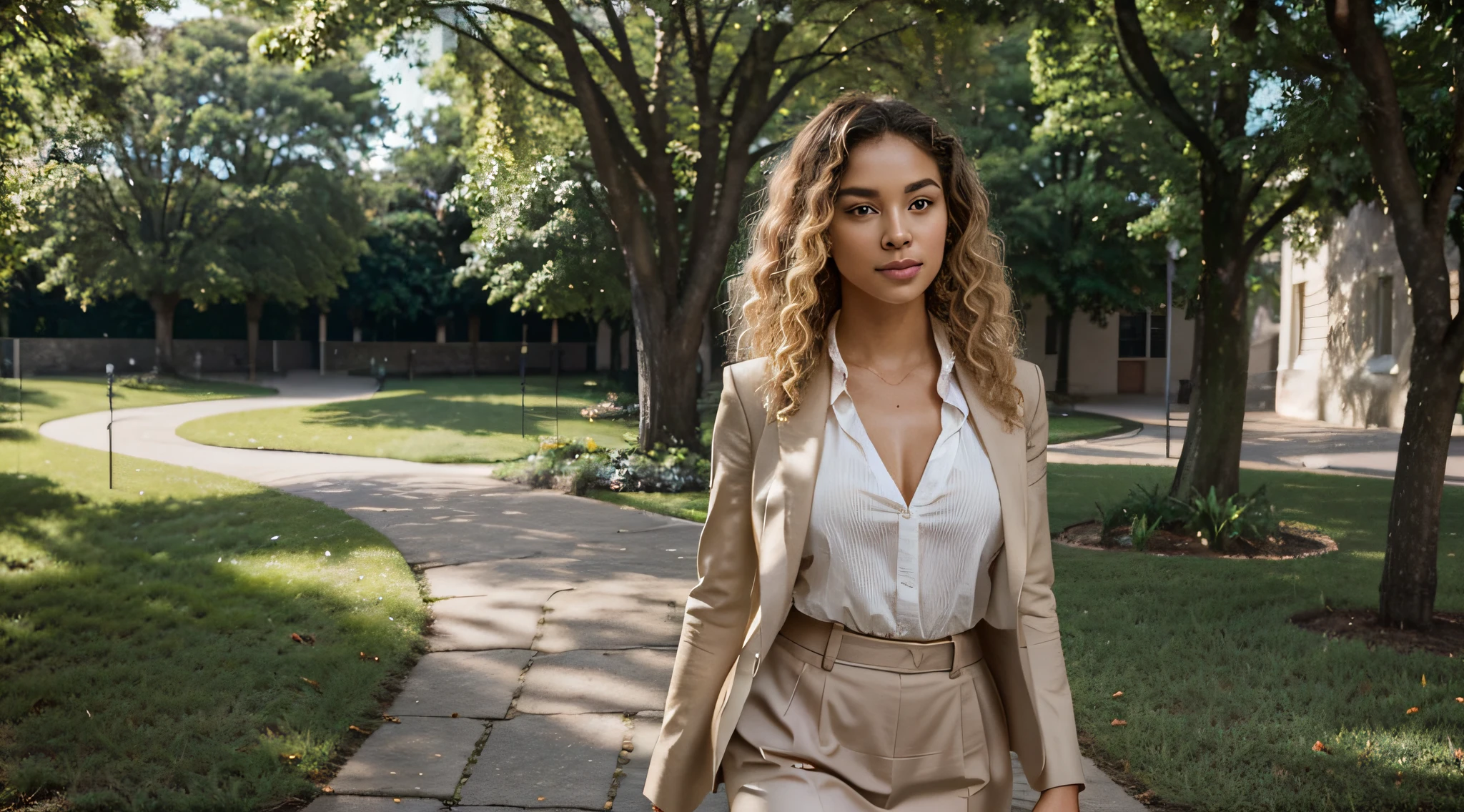 In the radiant glow of a sunlit afternoon on the university campus, an Afro-Brazilian student with luscious blonde curls emanates confidence and style as she gracefully strolls through the grounds. Dressed in sophisticated business attire—a tailored blazer paired with a pencil skirt—her ensemble complements her vibrant personality.
The sunlight bathes the campus in a warm and inviting aura, casting a gentle play of light and shadows on the cobblestone paths and surrounding greenery. The camera adeptly captures the nuanced details of the scene, highlighting the textures of the student's clothing and the natural elements of the environment.
Her blonde curls, coiled with a natural elegance, frame her face in a radiant halo. The sunlight catches the individual strands, showcasing the beauty and uniqueness of her curly hairstyle. Shadows beneath the curls add depth, enhancing the overall visual impact.
Facial features are carefully portrayed, capturing the essence of a refined and confident demeanor. High cheekbones and captivating, slightly narrowed eyes contribute to an air of grace and sophistication. The lips are full and expressive, enhancing the model's charismatic presence.
The camera angles offer various perspectives, capturing the model in motion as she navigates through the campus scenery. The background includes iconic university landmarks, blending the sophistication of academic architecture with the natural beauty of the surroundings.
This detailed image prompt aims to bring to life the radiant elegance and individuality of an Afro-Brazilian student with blonde curls, celebrating her unique beauty and confident presence on the university campus.