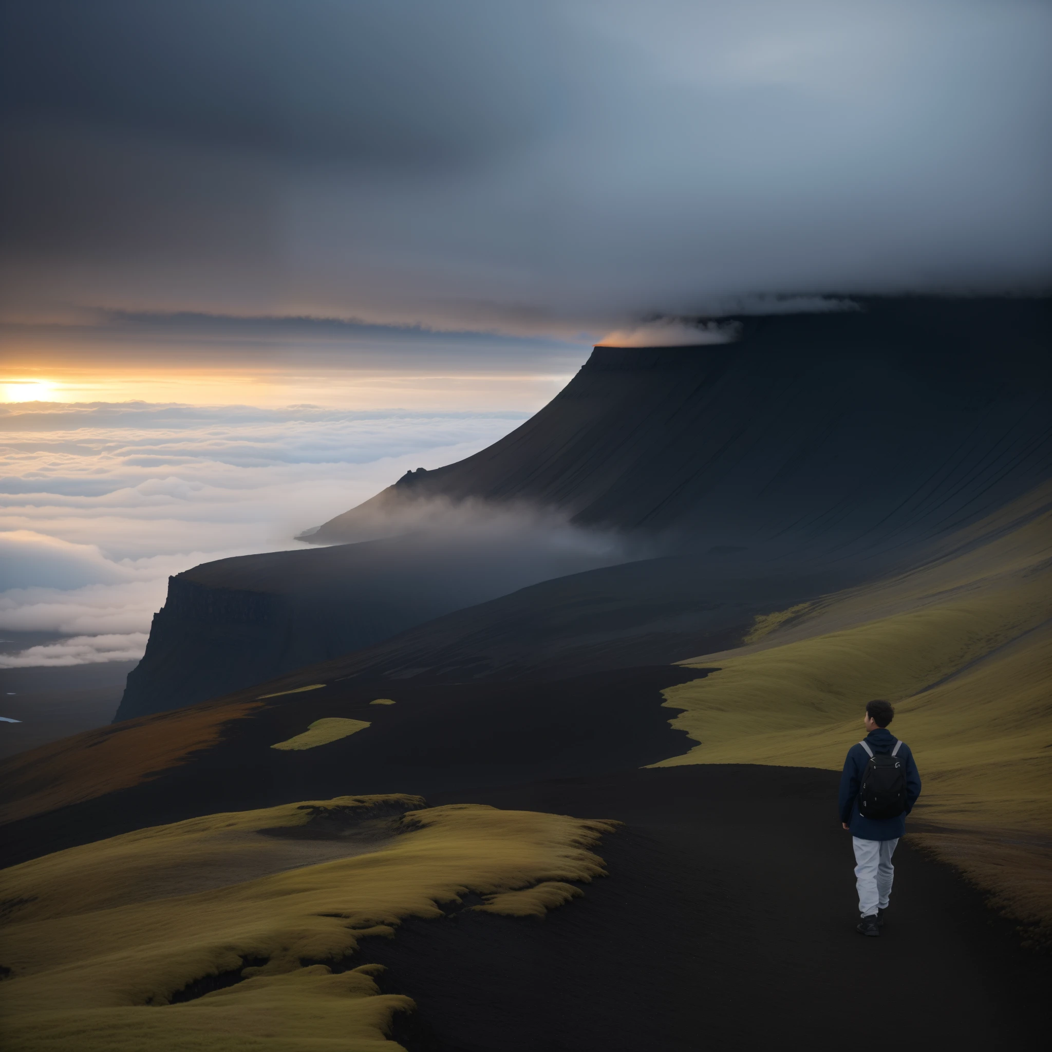 People climb mountains,Cloudy sky in the background, iceland, Walking on the clouds and mist, Volcanic fog, in a volcano, epic and stunning, iceland photography, volcano landscape, Icelandic hills in the background, faroe island, Faroe Islands, Black volcano in the distance, in volcano, an icelandic landscape, in volcano, amazing scenery, volcano setting