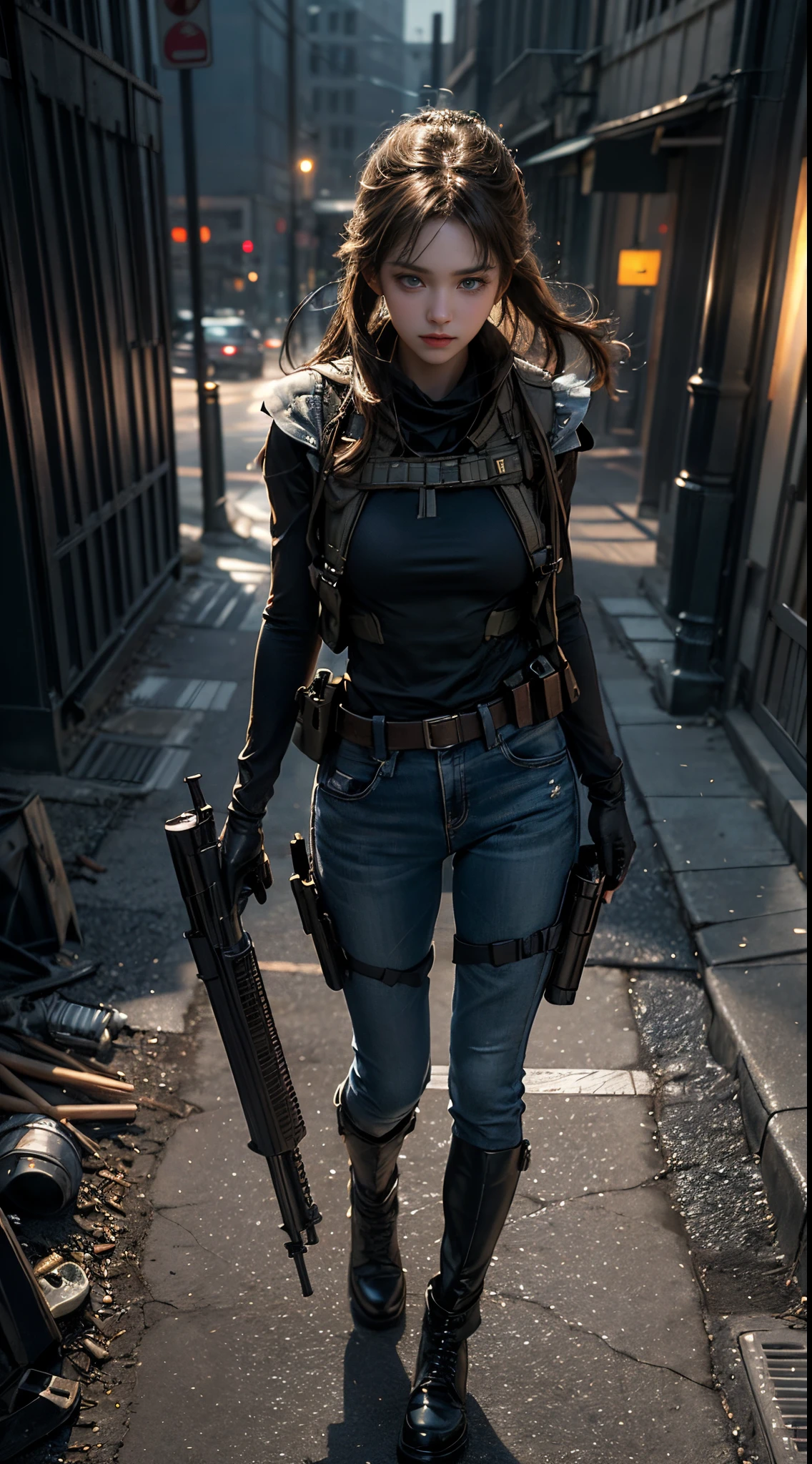 1girll, (Photorealistic)++, Beautiful lighting, masutepiece++, Best Quality++, Realistic, Full body portrait、From above, realphoto, intricate detailes, depth of fields, 1 girl, Soldier girl brown medium hair、Sniper Rifle Handle, Indigo Military Uniform, bulletproof vest, Holding an assault rifle, M16, In the city at night, Very detailed, Perfect face, Blue eyes, Beautiful lips, Colossal tits、Toned buttocks、, Small waist, tall, Kpop Idol, FujifilmXT3, Spectacular professional photography:by Ed Blinkey, Atey Ghailan, by Ghibli Studios, Authors:Jeremy Mann, Greg Manchess, Antonio Moro, trending on artstationh, Trending on CGSociety, Convoluted , high detailing , Sharp Focus, Impressive, Mid-Journey and Realist Art by Greg Rutkowski, Original image, 8K UHD