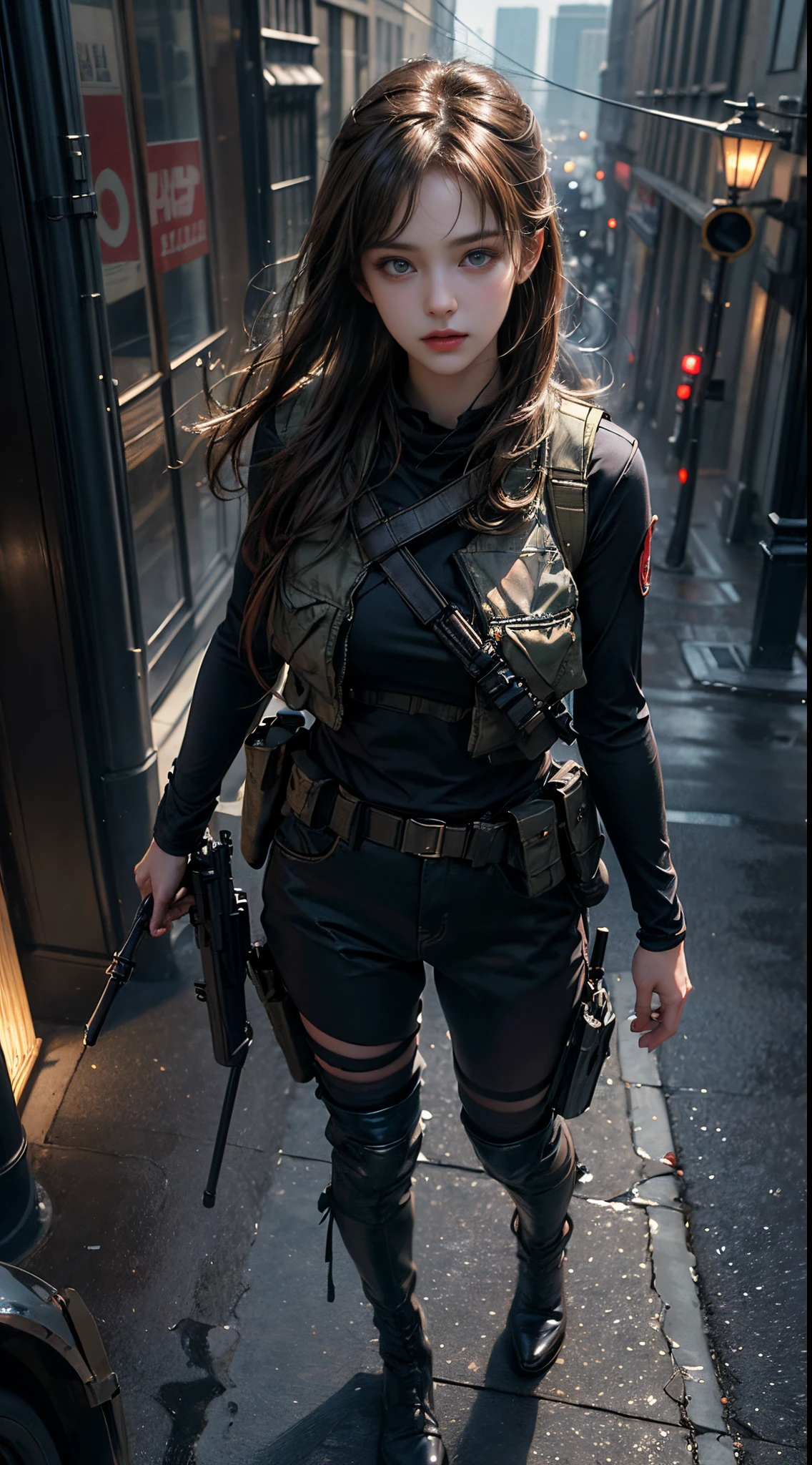 1girll, (Photorealistic)++, Beautiful lighting, masutepiece++, Best Quality++, Realistic, Full body portrait、From  above, realphoto, intricate detailes, depth of fields, 1 girl, Soldier girl brown medium hair、Sniper Rifle Handle, Indigo Military Uniform, bulletproof vest, Holding an assault rifle, M16, In the city at night, Very detailed, Perfect face, Blue eyes, Beautiful lips, Colossal tits、Toned buttocks、, Small waist, tall, Kpop Idol, FujifilmXT3, Spectacular professional photography：by Ed Blinkey, Atey Ghailan, by Ghibli Studios, Authors：Jeremy Mann, Greg Manchess, Antonio Moro, trending on artstationh, Trending on CGSociety, Convoluted , high detailing , Sharp Focus, Impressive, Mid-Journey and Realist Art by Greg Rutkowski, Original image, 8K UHD