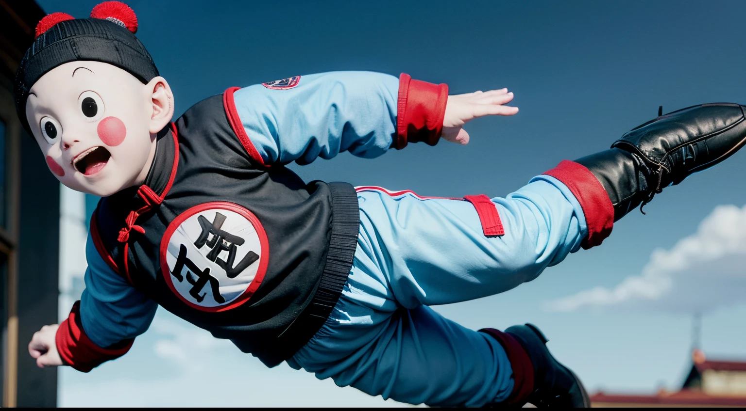 8k,best quality,masterpiece,realistic,1boy, chaozu, black eyes, black hat,chinese clothes, (light blue sleeves),(black vest),(light blue pants),kanji, black boots, blush stickers, smile, open mouth, flying high in the air, (blue sky), city far in the background, red pom pom \(clothes\)