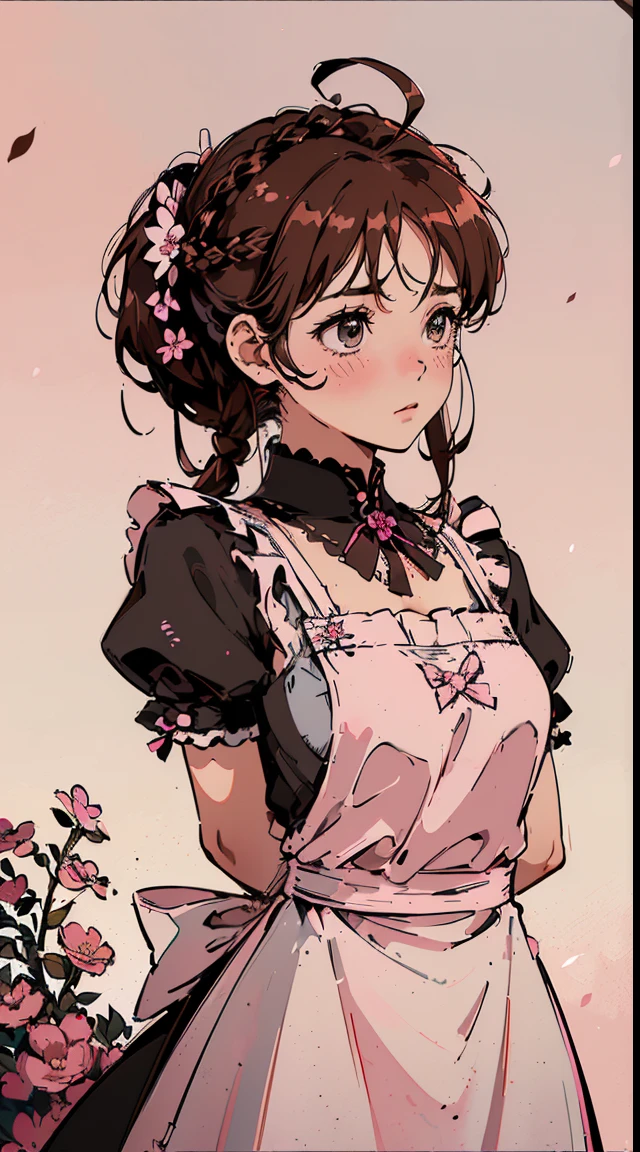 (((((((arms behind back,Blushing,cute cheeks,brown hair，gothic maid apron with flower))))))，((1girl,Solo,Amazing,Cute Korean mixed-race girl，rosto magro,))(Masterpiece,Best quality, offcial art, Beautiful and aesthetic:1.2),((HD,Golden ratio,)) (16k),((sakura petals,snow pieces)),(Physically-based rendering),((((on a desert,at night,)))) (((highdetailskin,)))，((hair crown)),((((detailed hairs|middle hair|french braid|knot top|soaked hair|side ponytail|ahoge)))),Slender,thicc,(masterpiece sidelighting),(The sheen),(Beautiful hair,Beautiful eyes,）[[Delicate fingers and hands:0.55]::0.85],(Detail fingers),(((Superior quality,)))),((unbelievable Ridiculous quality,)),((extremely_Detailed_Eyes_and_face)),Movie girl,(Dynamic configuration: 1.2),Brilliant, (Photorealistic), ((pink ribbon on hair)),Ultra-precise depiction, Ultra-detailed depiction, front view