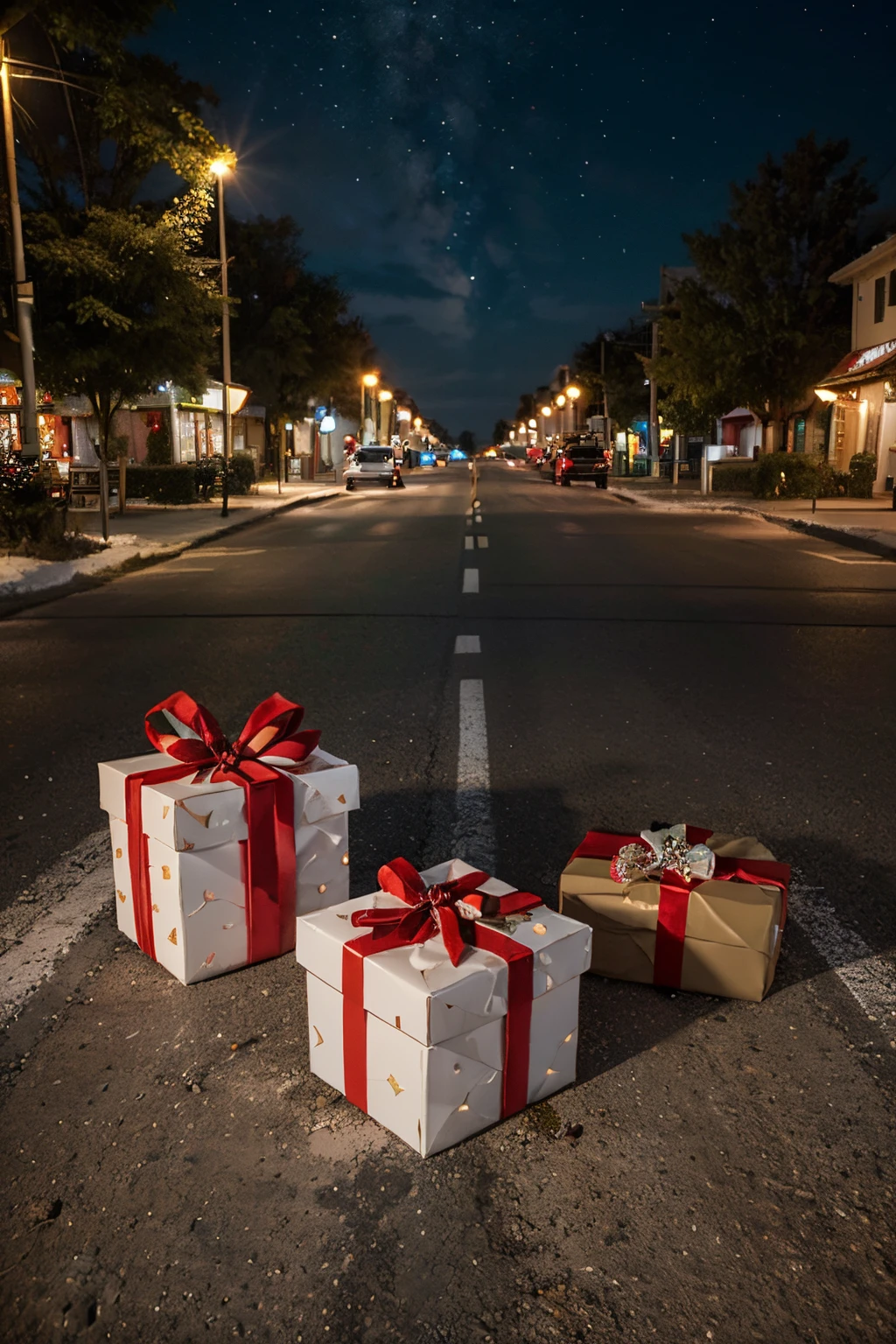 close-up of Christmas presents being placed by Santa Claus under a Christmas tree, the tree is full of Christmas decorations, tem luzes de natal brilhando e preenchendo toda a cena, the scene is in the middle of the road and there are no buildings or constructions around it, the scene is empty, just the pieces of the scene and in the background a starry sky and the long road in the background, there is a traffic cone next to the gifts, only Santa&#39;s hands appear, ele usa luvas branco e vermelhas.