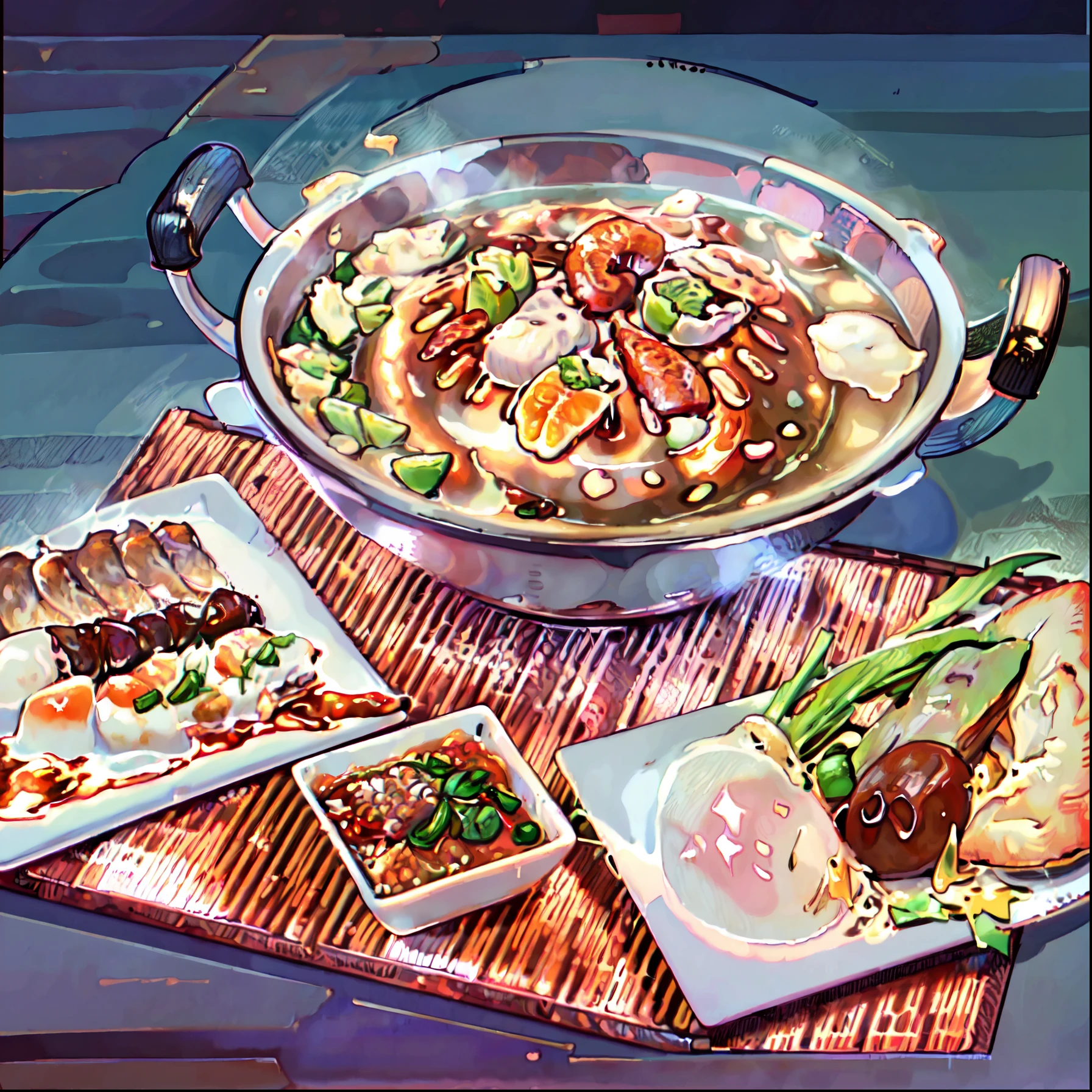 (best quality,4k,8k,highres,masterpiece:1.2),(line art ,drawing ,texture :1.37),shrimp, squid sliced,pork sliced,eeg,grey thai hot pot pan,table,deliciously detailed food,artistic plating,scrumptious display,colorful ingredients,meticulously arranged,appetizing aroma,juicy and tender meat,vibrant vegetables,hot and steamy atmosphere,tempting flavors,A-grade ingredients,authentic Thai cuisine,exquisite culinary artistry,flavorful broth,heavenly combination,unforgettable dining experience,nutritious and wholesome meal,satisfying and sumptuous feast,culinary masterpiece,empty plates,endless satisfaction,pleasures of the palate,unforgettable gastronomic journey