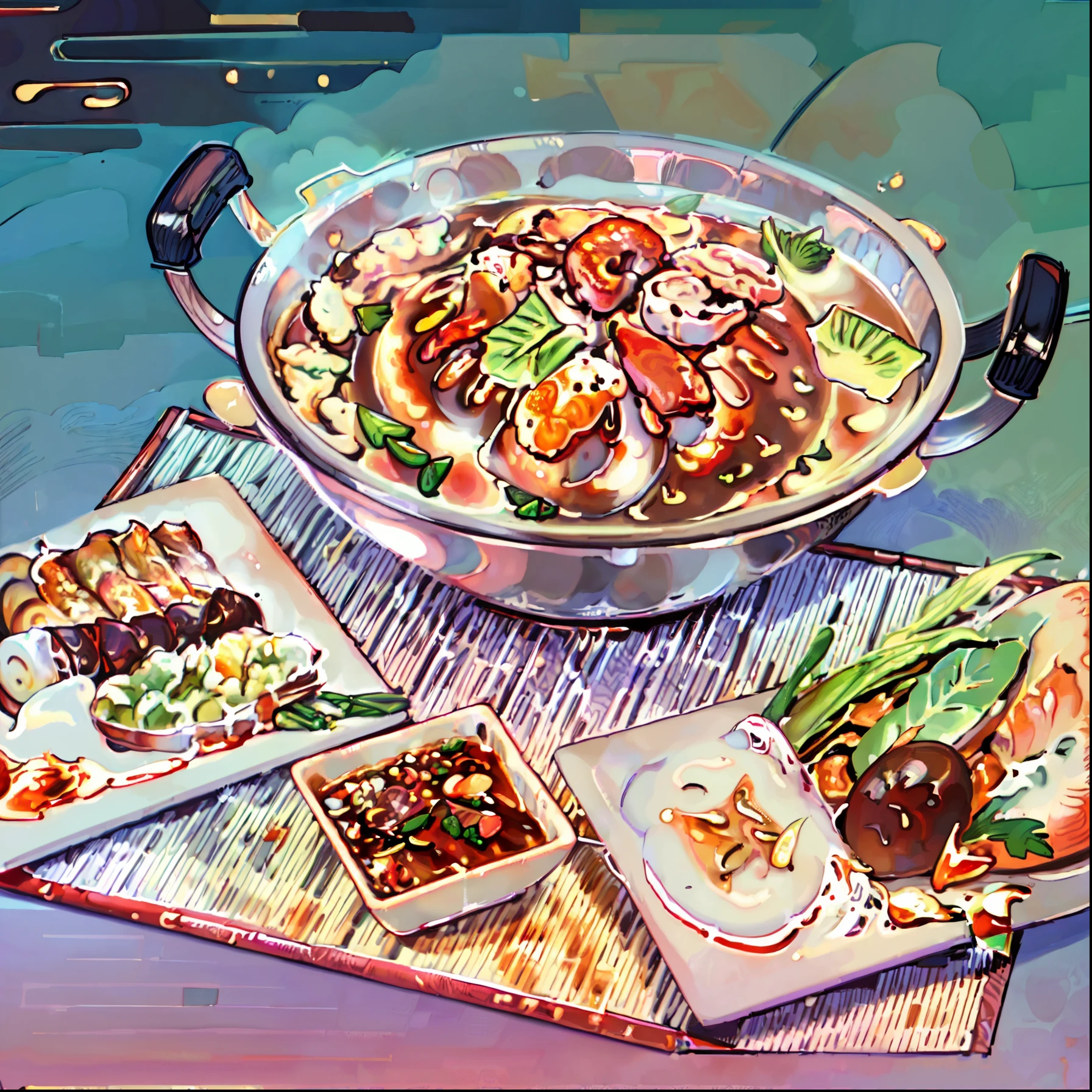 (best quality,4k,8k,highres,masterpiece:1.2),(line art ,drawing ,texture :1.37),shrimp, squid sliced,pork sliced,eeg,grey thai hot pot pan,table,deliciously detailed food,artistic plating,scrumptious display,colorful ingredients,meticulously arranged,appetizing aroma,juicy and tender meat,vibrant vegetables,hot and steamy atmosphere,tempting flavors,A-grade ingredients,authentic Thai cuisine,exquisite culinary artistry,flavorful broth,heavenly combination,unforgettable dining experience,nutritious and wholesome meal,satisfying and sumptuous feast,culinary masterpiece,empty plates,endless satisfaction,pleasures of the palate,unforgettable gastronomic journey