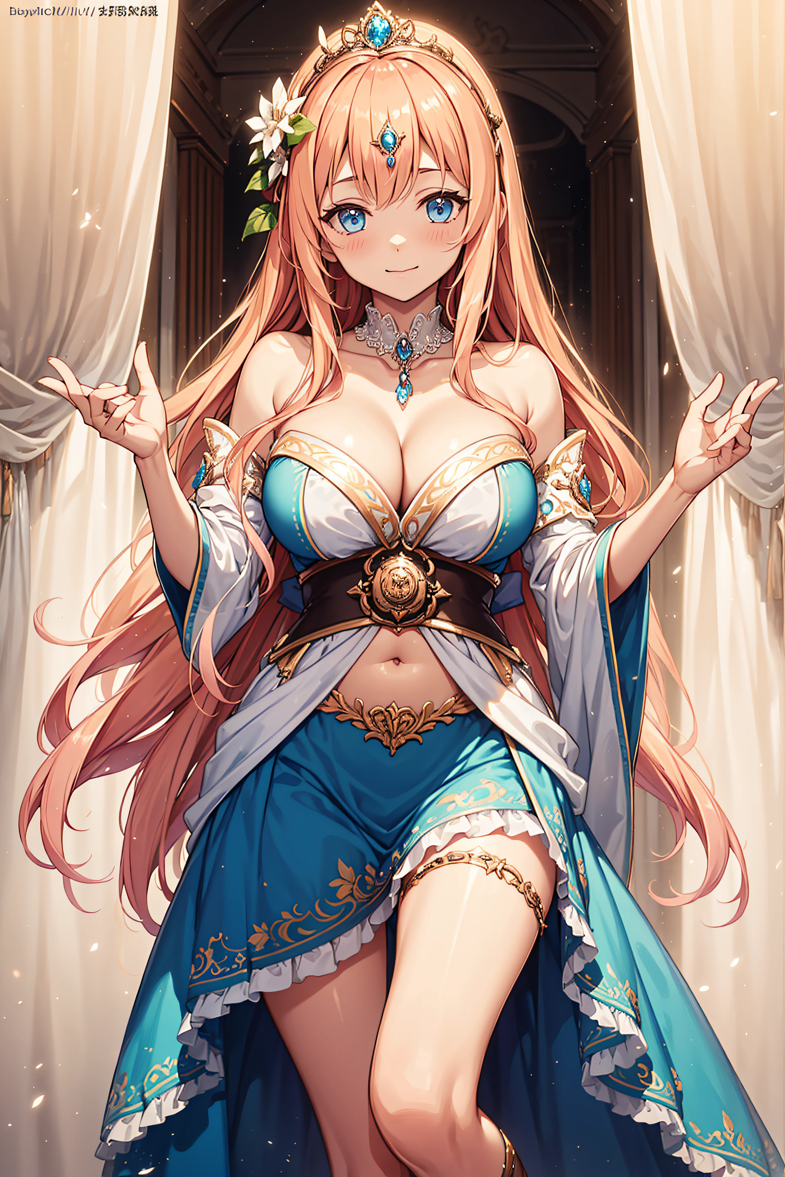 22-year-old girl,Enchanted,Being in love,Pose Seductive,(princess dress:1.2),Dark blonde wavy hair,e Blue Eyes,maximalism,Multi-layered delicate frills,Lots of races,(Delicate pattern:1.1),(exquisite costumes:1.1),(Yellow-white tone),Princess Crown,beautifull detailed face,Bedroom scene in Western mythology,(flowing skirt:1.1)、Lace,(shine:1.2), (Best Quality), (masutepiece:1.2), Chest Emphasis Pose、Pink lace panties