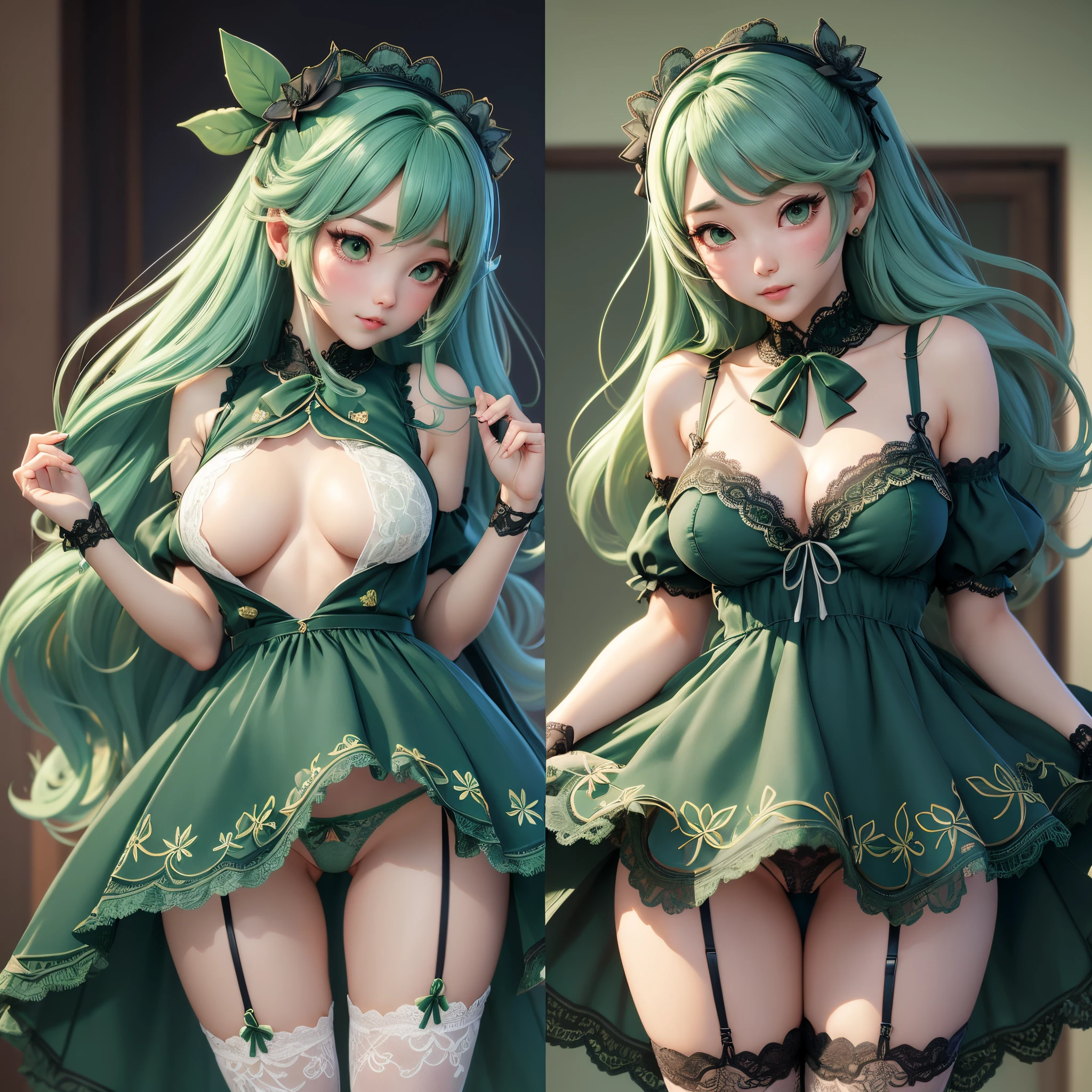3DMM Style, (masutepiece, Best Quality), Intricate details, 1girl in, Solo, Green hair, flower hair clip, Green dress, Looking at Viewer、Full-body figure、simple background、Standing、(skirt rift)、(Skirt lift in high winds)、(Lace pantie)、((lace panties total))、Detailed lace panties、(I can see my panties)、((The pants are quite transparent))、((Through the pantiesオマンコ))、Very realistic body、(extremely lifelikeオマンコ)、 Papillae visible through clothes、(Camel toe through panties)(I can see panties)、Through the pantiesオマンコ、 Visible through the dress、((((she is sticking out of her dress..))))、、(((((Areolas are coming out of the dress)))))、(((((Nip slip)))))、Cameltoe、((((Focus on))))、(オマンコPanties that bite into)、(Panties are biting)、clear camel toe、Through the pantiesオマンコ、オマンコI can see the line、Pubic hair of the same color as the hair、(((((I can see green pubic hair)))))、(((Lots of pubic hair)))、life-likeオマンコThe shape of the