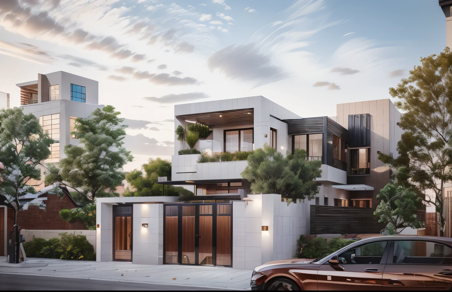 modernvilla, mabuilding, front, architecture, brick and metal, photo of a house, architecture, beautiful, masterpiece, best quality, super detailed, realistic, photorealistic, 8k, sharp focus