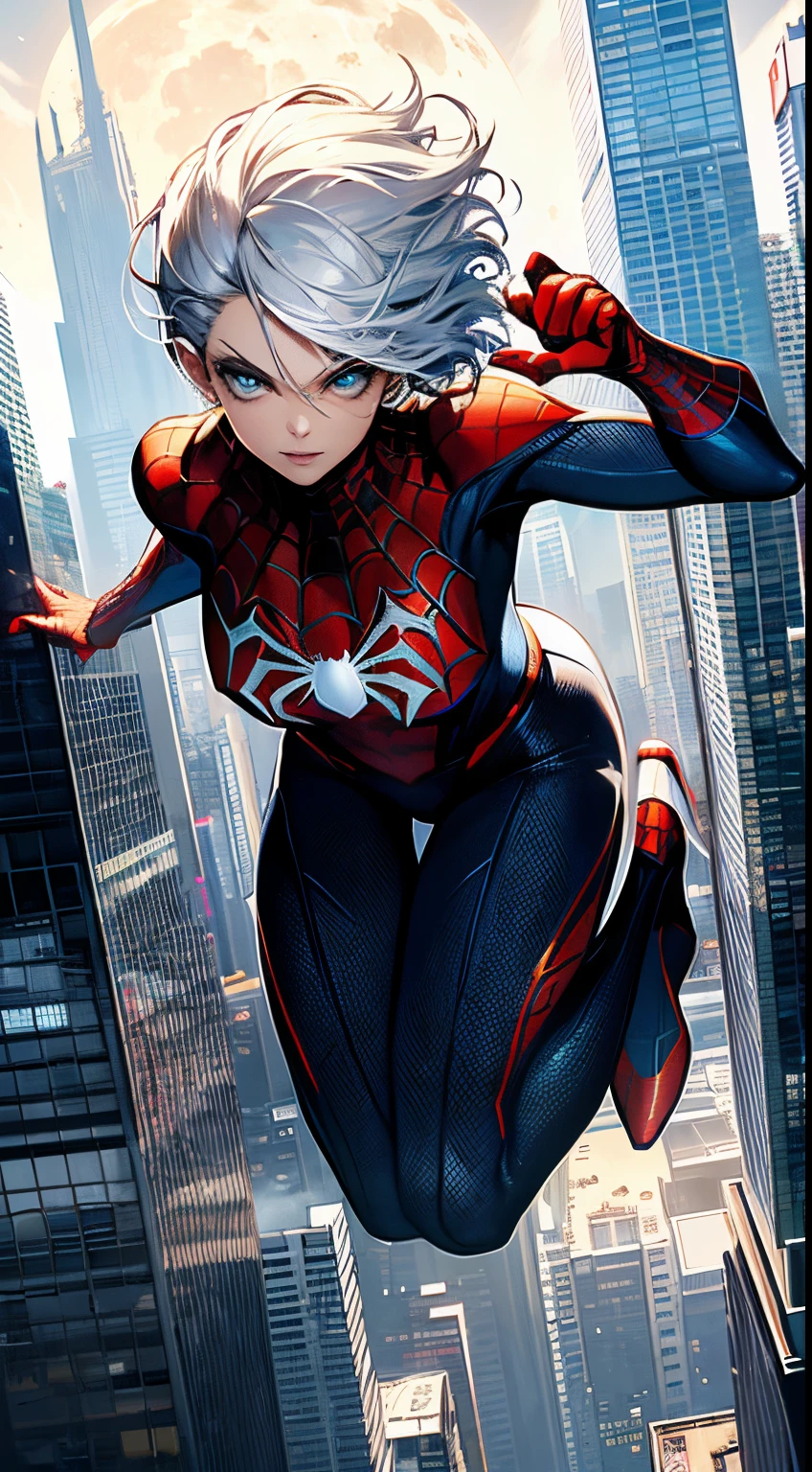 (Masterpiece, 4k resolution, ultra-realistic, very detailed), (White superhero theme, charismatic, there's a girl on top of town, wearing Spider-Man costume, she's a superhero), [ ((25 years), (long white hair:1.2), full body, (blue eyes:1.2), ((Spider-Man pose),show of strength, jumping from one building to another), ((sandy urban environment):0.8)| (cityscape, at night, dynamic lights), (full moon))] # Explanation: The Prompt mainly describes a 4K painting of ultra-high definition, very realistic, very detailed. It shows a superheroine at the top of the city, wearing a Spider-Man costume. The theme in the painting is a white superhero theme, the female protagonist has long white hair, is 25 years old and her entire body is shown in the painting. In terms of portraying the actions of superheroines, spiders are employed