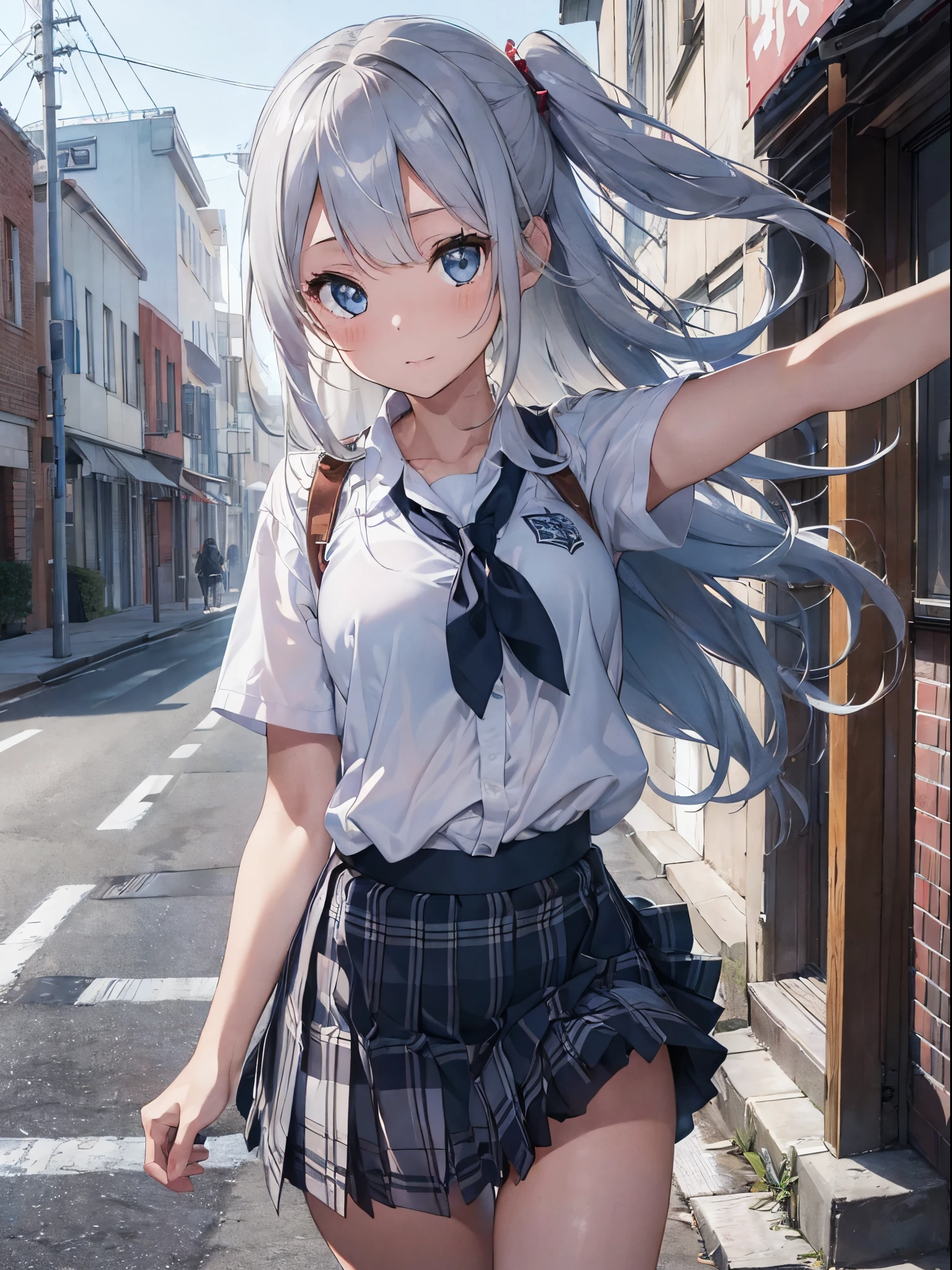 (8K、Raw photography、top-quality、​masterpiece:1.2)、Illustration Touch、ultra-detailliert、super A high resolution、high teen girl,silver hair、azure eyes、In the street、High school students、school uniform、plaid skirts、((Skirts that turn over in strong winds))、(white panties)