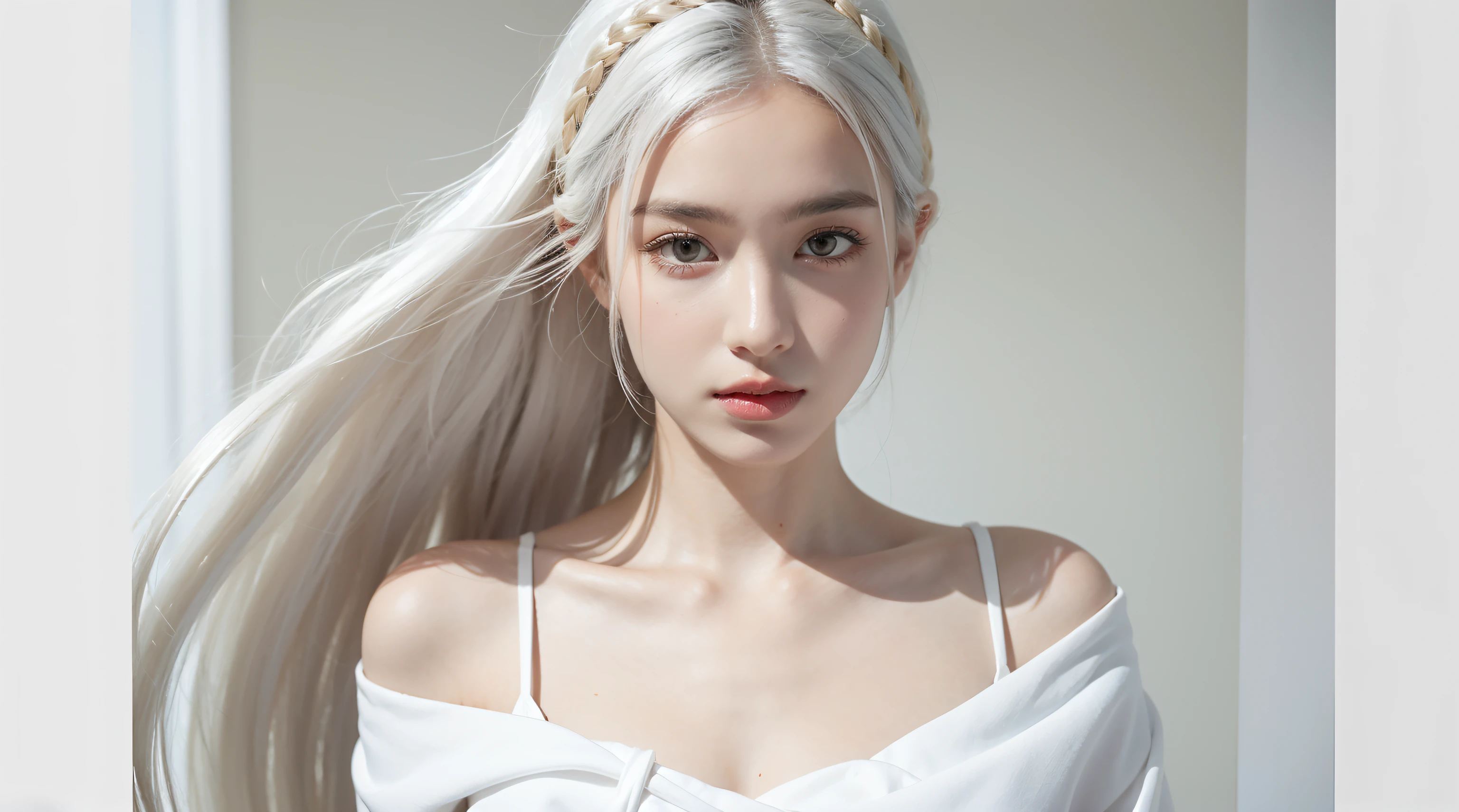 Best quality at best, tmasterpiece,White hair, gold eyes,white clothes, Ao olhar para cima, The upper part of the body,Hairline,White skin of the,Side braids