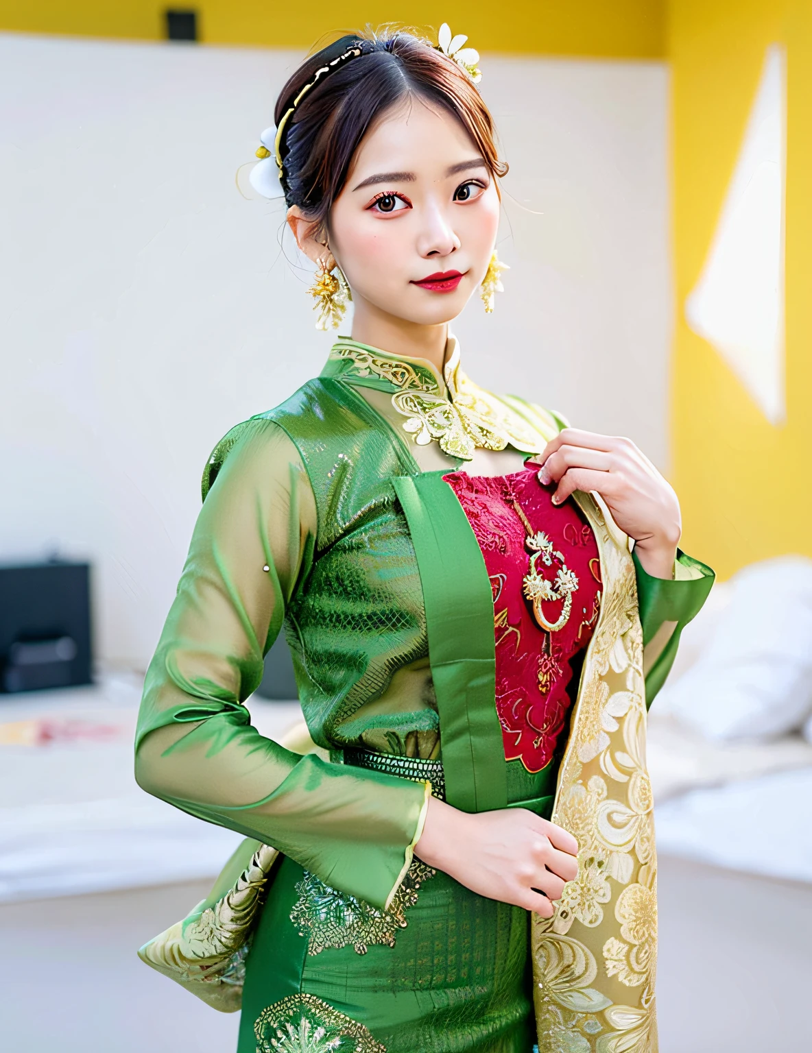 a woman in a green dress and a red top is posing, sukhothai costume, traditional beauty, in style of lam manh, traditional dress, in style of thawan duchanee, wearing elaborate green and gold, nivanh chanthara, traditional clothes, south east asian with long, wearing an ornate outfit, very beautiful enga style, wearing ornate clothing