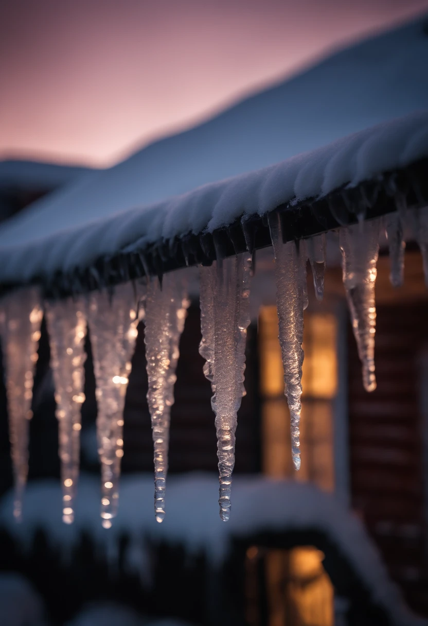 A high-resolution photograph of icicle lights hanging from the eaves of a house, with shimmering drops of faux ice reflecting the surrounding winter landscape.
