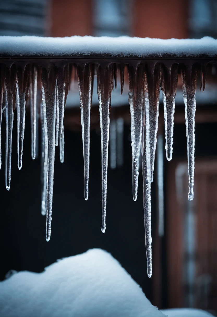 A close-up shot of icicles hanging from a roof, with a bold neon background adding a modern and edgy twist to the traditional winter scene.