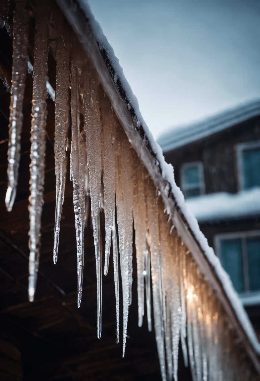 A close-up shot of icicles hanging from a roof, with a bold neon background adding a modern and edgy twist to the traditional winter scene.