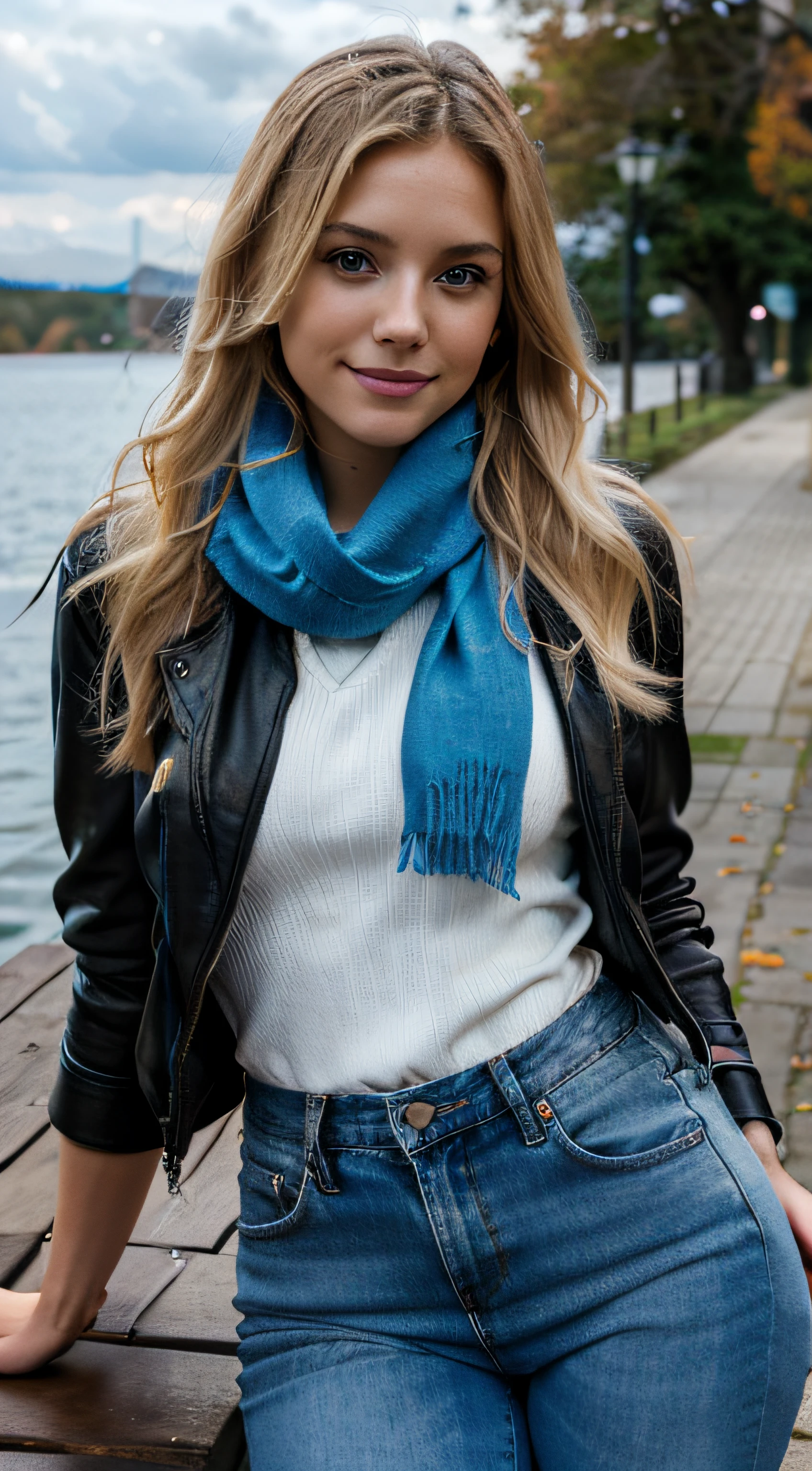 Beautiful 30 years old blonde woman named Agatha, dynamic pose, warm white sweater, scarf, black leather ramones jacket, blue jeans, RAW photo, dynamic pose, long blonde hair, high detail face, direct look, high detail hands, high detail eyes, ultrarealistic, full posture photo, Nikon, dark shot, ultra detail, 4K cinematic, posing on the bench, autumn, clouds, lake in the background, smile