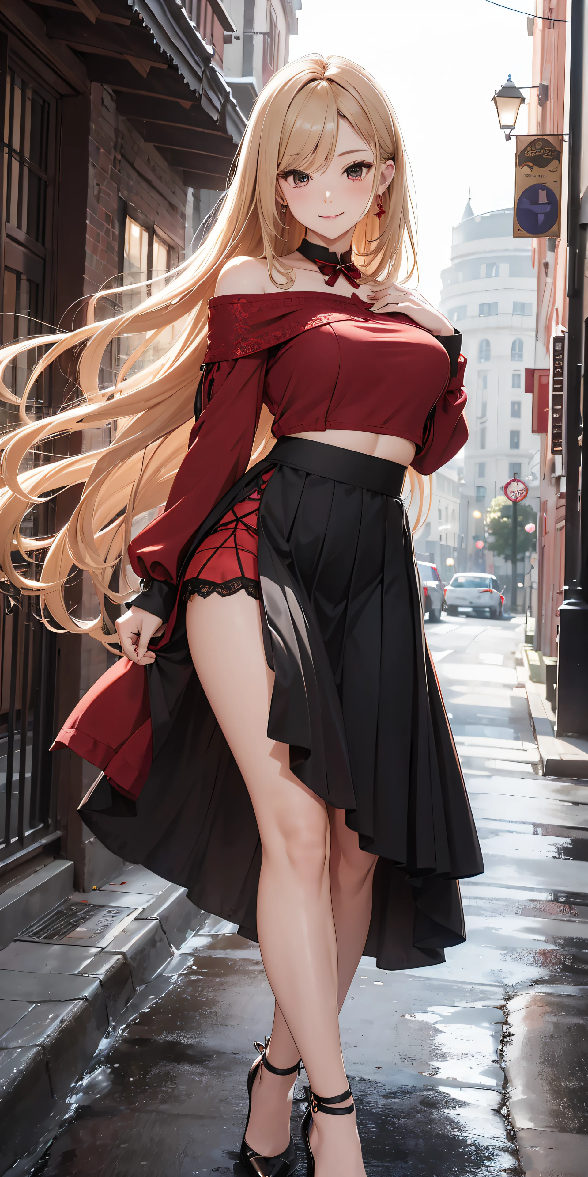 Adult Woman, Sexy Wizard Cosplay, Long dark blonde wavy hair、Red and black off-the-shoulder knit, (Long flared skirt in black), Medium milk, cute smile face、Bare shoulders、(Pose to lean forward and emphasize the chest)、(turned around)、sexy hips、Black High Heels、Luxurious magic wand and book、Church of the castle、sexy  pose、(((The skirt is rolled up by the wind)))、Sexy red lace panties、You can see all the panties