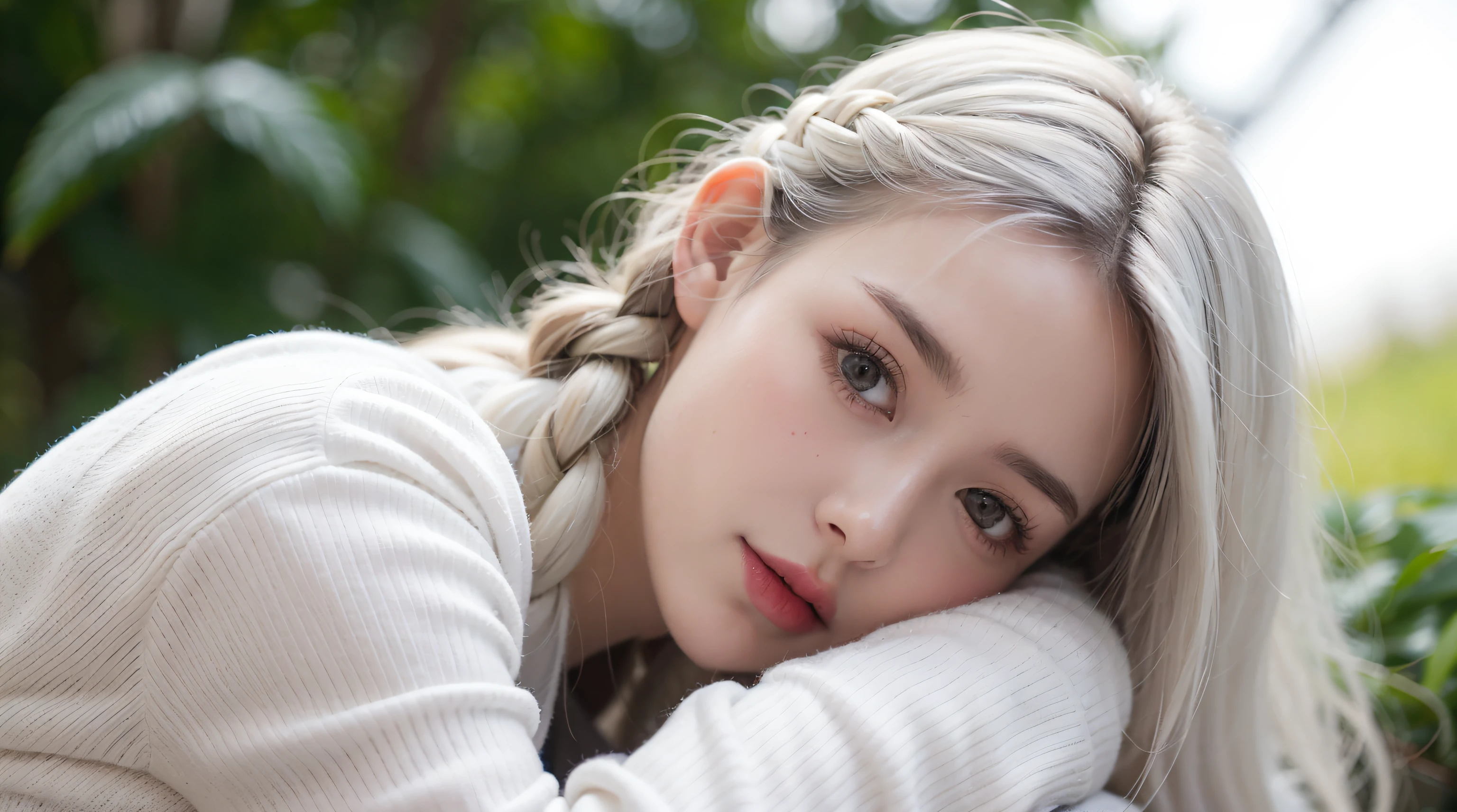 Best quality at best, tmasterpiece,White hair, gold eyes,white  clothes, Ao olhar para cima, The upper part of the body,Hairline,White skin of the,Side braids