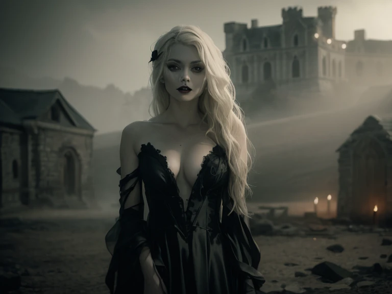 arafed woman in a black dress standing in front of a castle, beautiful vampire female queen, beautiful vampire queen, eerie moorlands behind her, gothic maiden, beautiful with eerie vibes, beautiful necromancer, beautiful elegant demon queen, gothic horror vibes, beautiful necromancer girl, pretty margot robbie vampire, medieval dark fantasy, samara weaving vampire