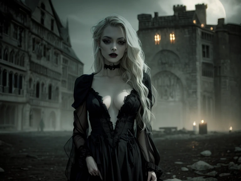 arafed woman in a black dress standing in front of a castle, beautiful vampire female queen, beautiful vampire queen, eerie moorlands behind her, gothic maiden, beautiful with eerie vibes, beautiful necromancer, beautiful elegant demon queen, gothic horror vibes, beautiful necromancer girl, pretty margot robbie vampire, medieval dark fantasy, samara weaving vampire