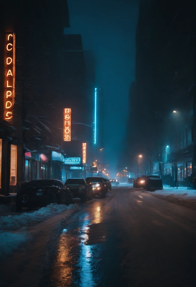 A nighttime cityscape covered in snow, with neon lights reflecting off the icy streets and creating a visually striking and energetic winter background.