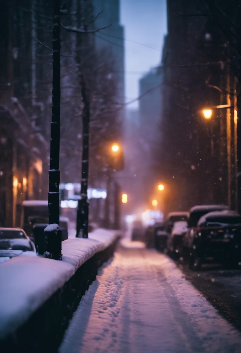 A nighttime cityscape covered in snow, with neon lights reflecting off the icy streets and creating a visually striking and energetic winter background.