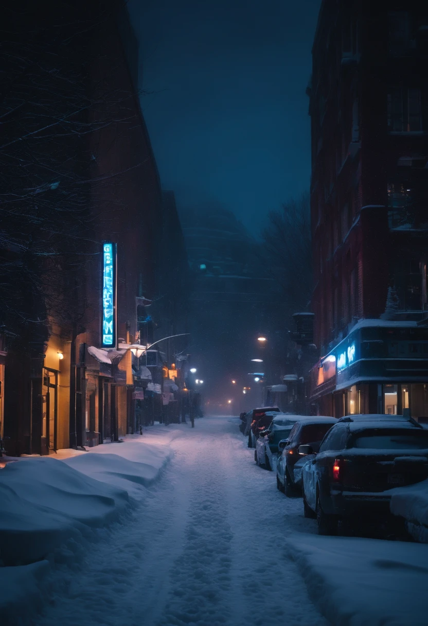 A nighttime cityscape covered in snow, with neon lights reflecting off the icy streets and creating a visually striking and energetic winter background.