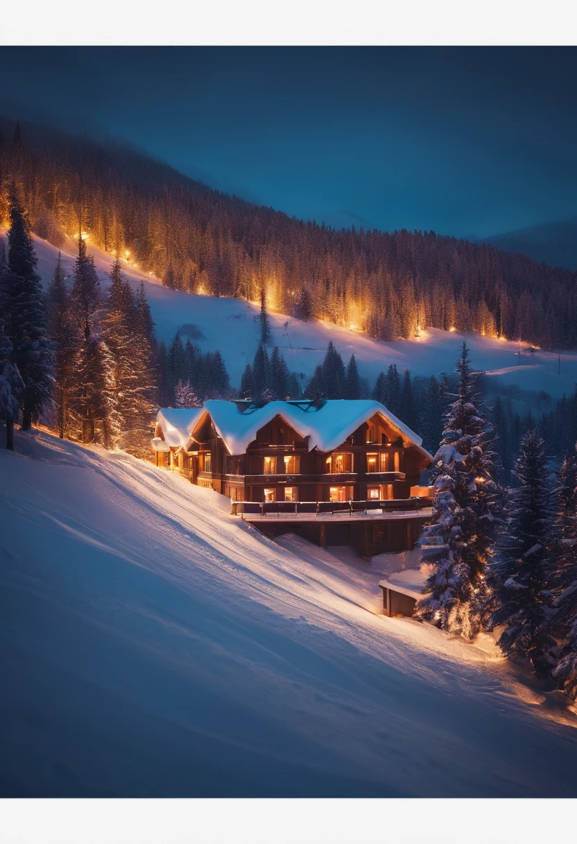 A bold neon-lit ski resort nestled in the mountains, with snow-covered slopes and a breathtaking winter backdrop.