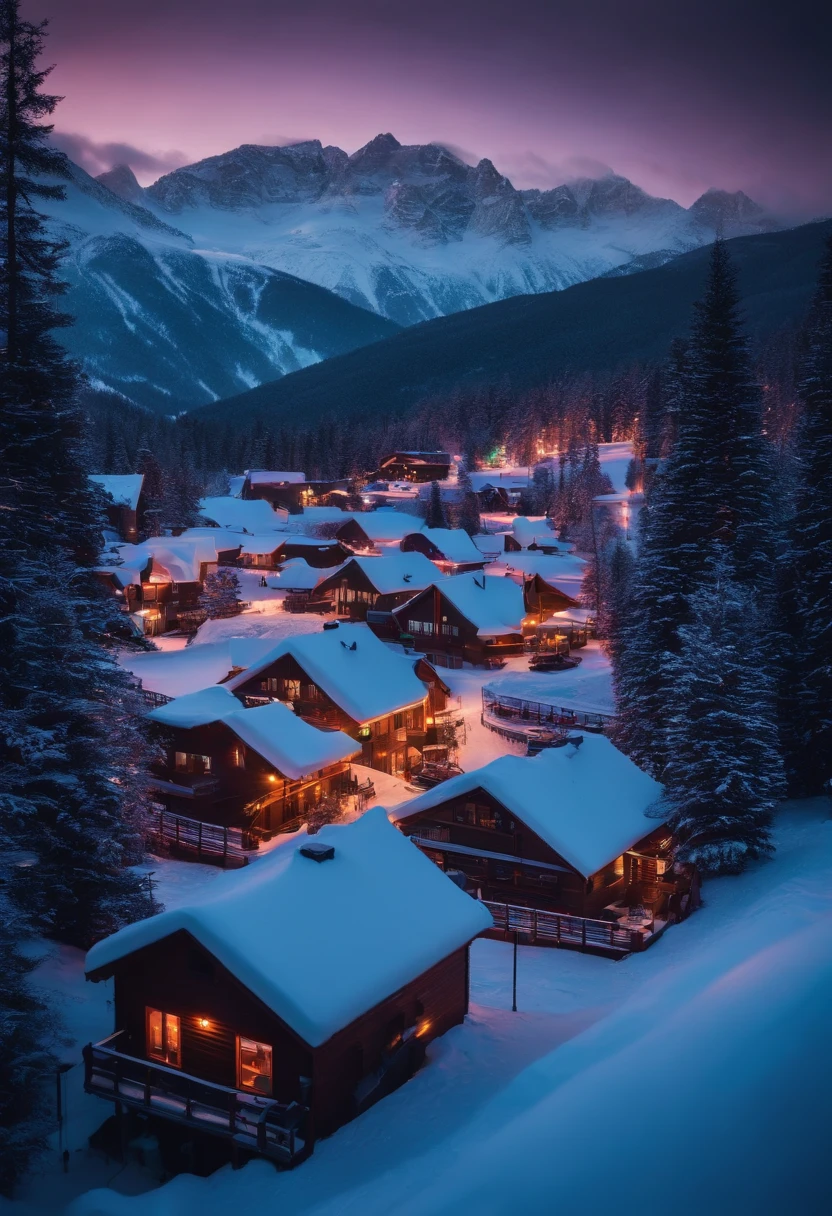 A bold neon-lit ski resort nestled in the mountains, with snow-covered slopes and a breathtaking winter backdrop.