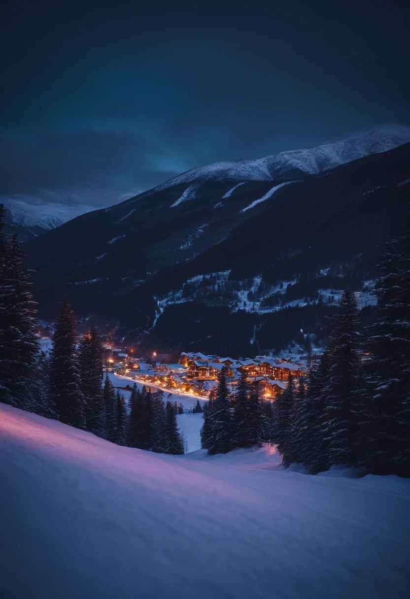A bold neon-lit ski resort nestled in the mountains, with snow-covered slopes and a breathtaking winter backdrop.