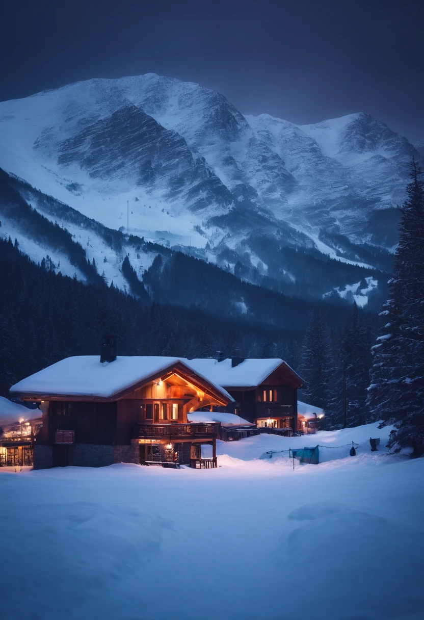 A bold neon-lit ski resort nestled in the mountains, with snow-covered slopes and a breathtaking winter backdrop.