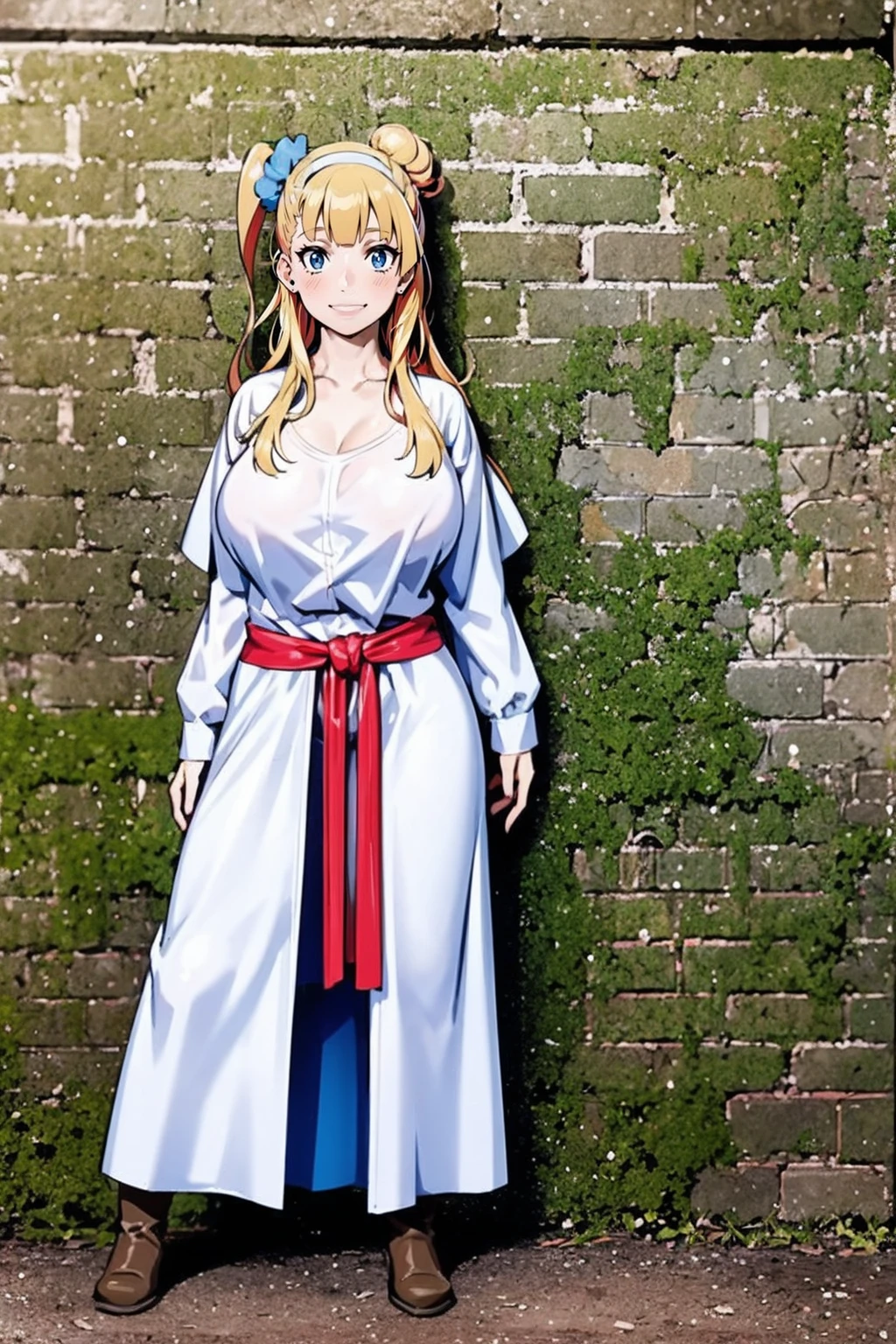 galko,1girl, solo, smile, full body, standing, long skirt, priestess, religious, holy, cute, blush, ,tall female, medieval clothing, white veil, tunic, long skirt,boots, huge brest, curvy,