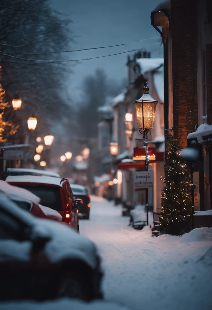 A charming village covered in snow, with bold neon signs illuminating the streets and creating a lively and modern winter atmosphere.
