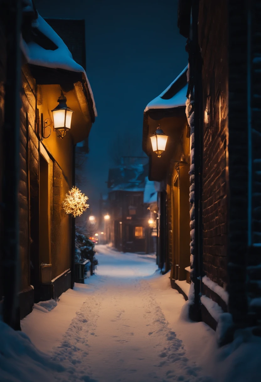 A charming village covered in snow, with bold neon signs illuminating the streets and creating a lively and modern winter atmosphere.