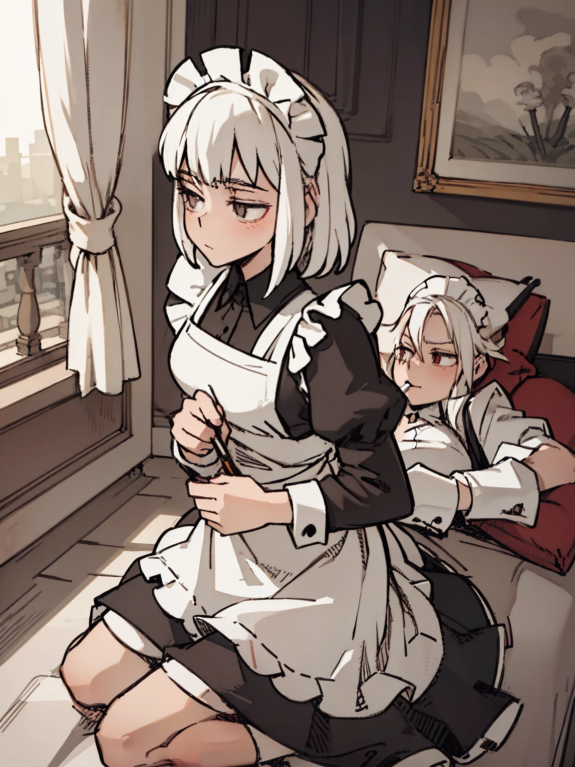 front view of a girl,((Full body lesbian,White hair,curlies,(the maid outfit))),Smoke a big cigarette,young, white backgrounid