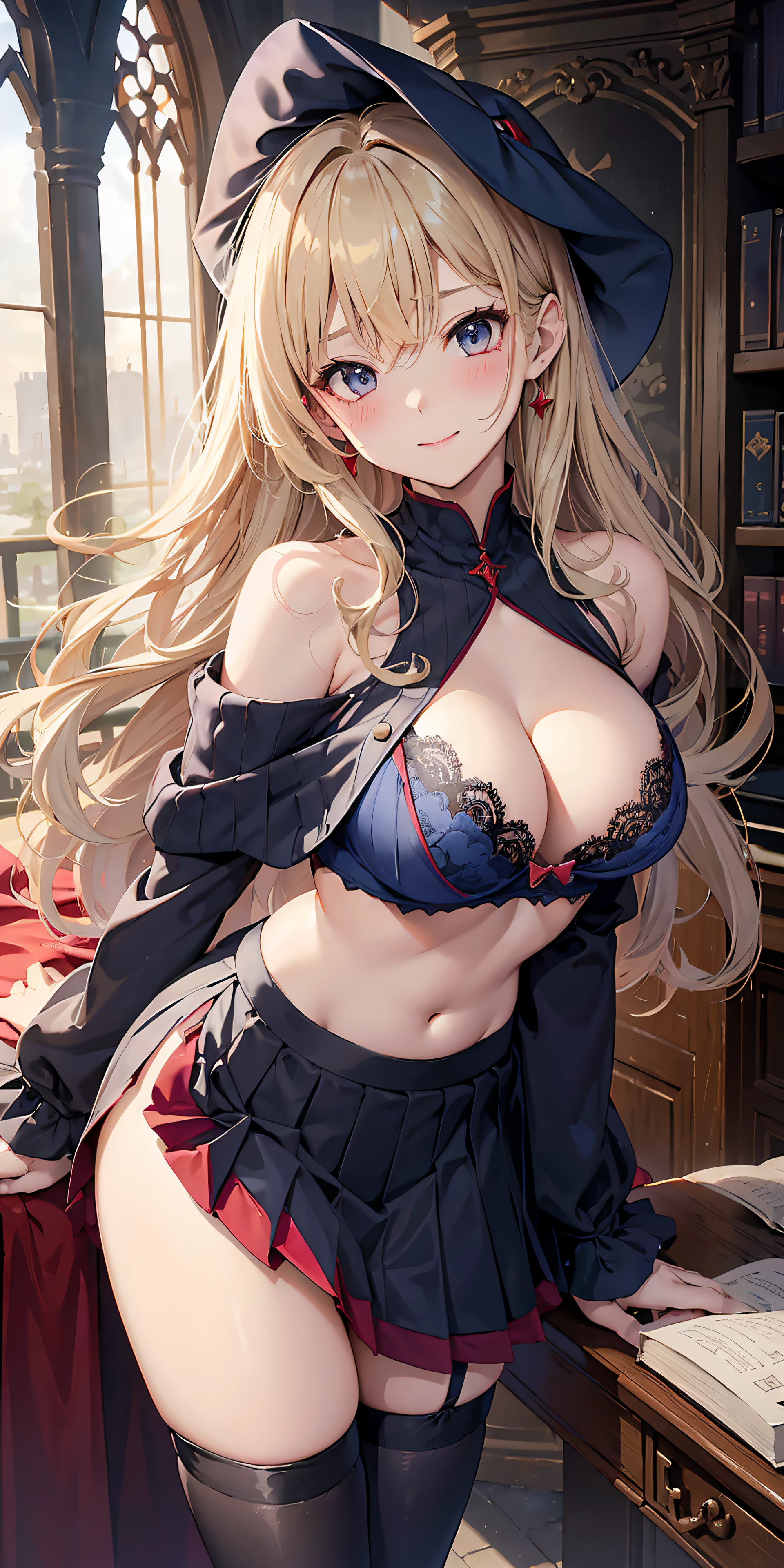 Adult Woman, Sexy Witch Cosplay, Long dark blonde wavy hair、off-shoulder knit, (darkblue pleated skirt), Medium milk, Blushing, Shy laughter, Bare shoulders、(Pose to lean forward and emphasize the chest)、(turned around)、sexy hips、Puffy nipple、Sexy red bra、Red lace panties、Black High Heels、Luxurious magic wand and book、Church of the castle、sexy pose、(((The skirt is rolled up by the wind)))、((buttocks visible))、((embarassed expression))