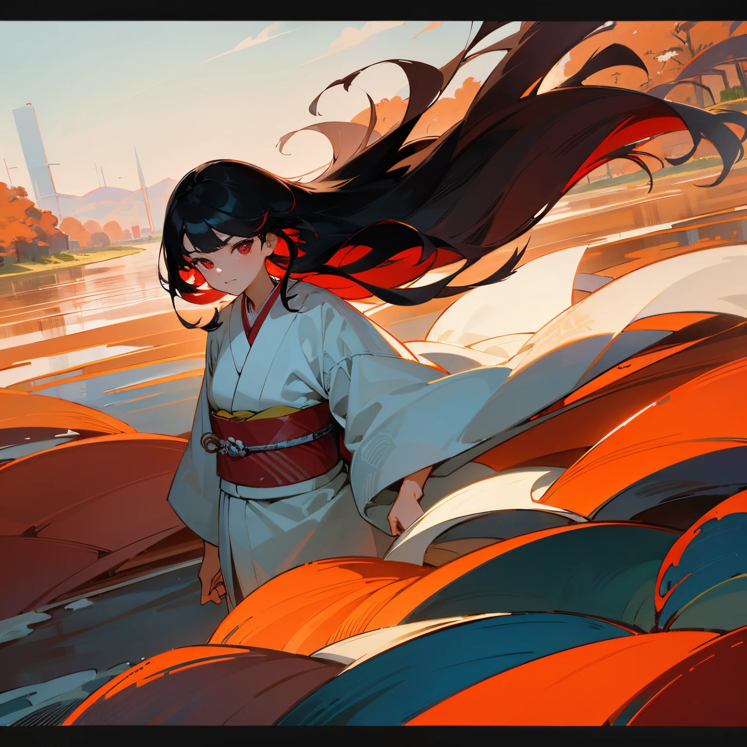 A dark-haired、length hair、Hair flowing in the wind、Traditional kimono、Neutral facial features、Beautiful face、Red Eyes、serious facial expression、Bright background、Walking outdoors、Classic landscape、Landscape of flowing river