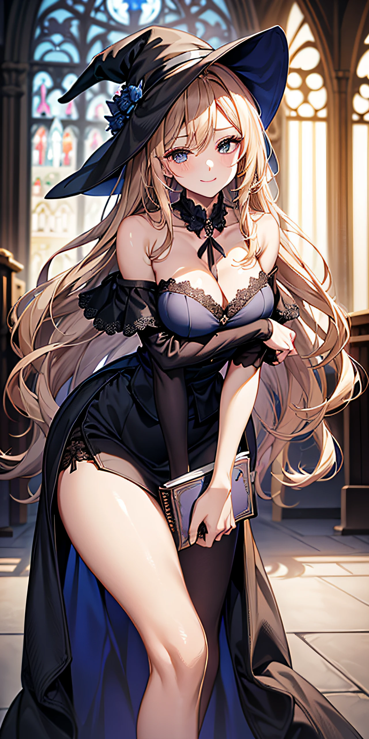 Adult Woman, Sexy Witch Cosplay, Long dark blonde wavy hair、off-shoulder knit, (Long flared skirt in dark blue), Medium milk, cute smile face、Bare shoulders、(Pose to lean forward and emphasize the chest)、(turned around)、sexy hips、Black High Heels、Luxurious magic wand and book、Church of the castle、sexy pose、(((The skirt is rolled up by the wind)))、Sexy black lace panties、(((You can see all the panties)))