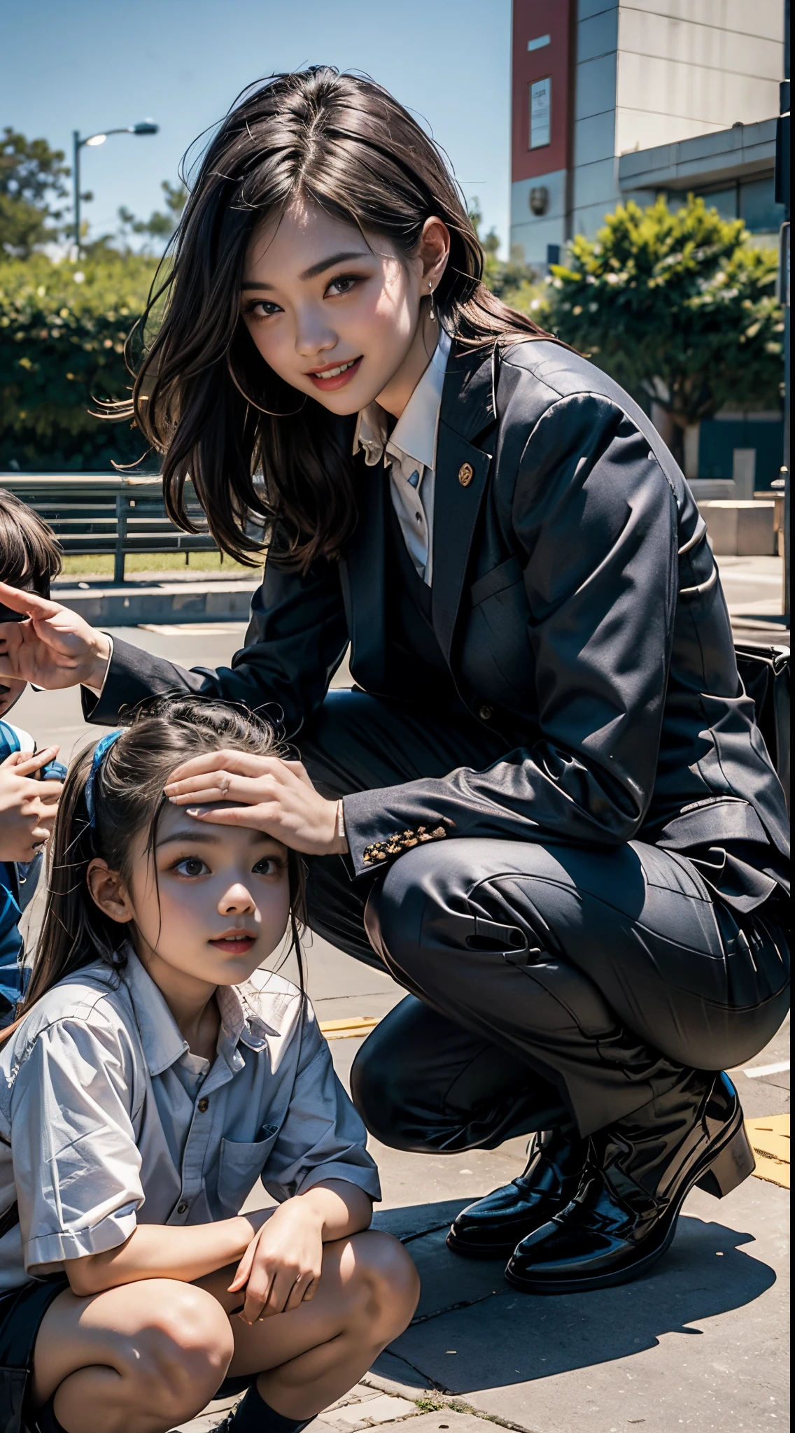 8k, top-quality, (pubic hair beauty)、hight resolution, 逼真, realperson, town park、(((Female Detective)))、full bodyesbian、((wears a suit))、a smile、(((squatting down and playing with children)))