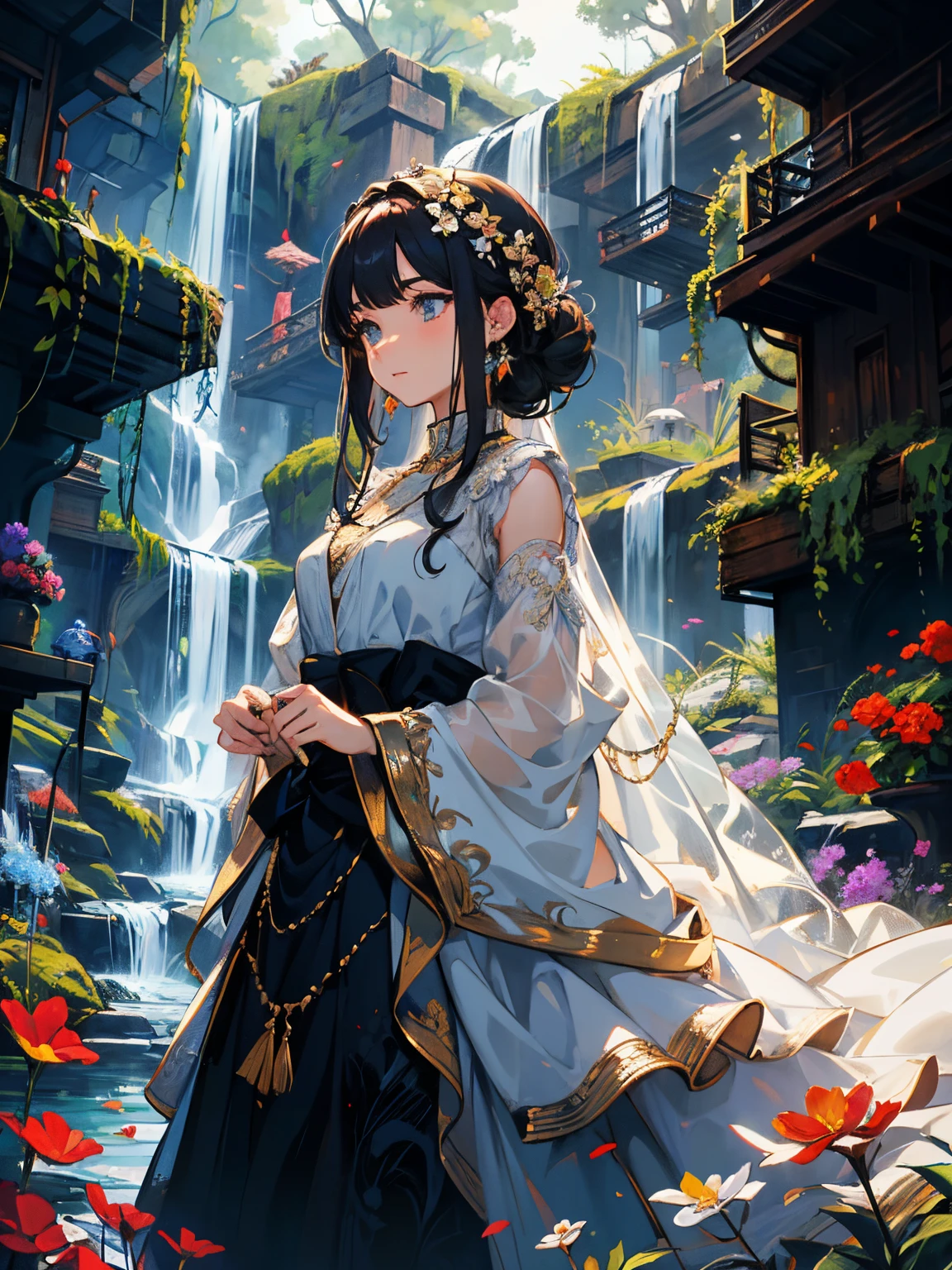 Em um reino oculto, a girl stands before a cascading waterfall, seu traje se mistura perfeitamente com a beleza da natureza. A flowing gown adorned with delicate floral patterns drapes around her, espelhando as flores vibrantes que adornam a paisagem circundante. Sunlight dances on the water's surface, casting an ethereal glow upon her face, as if she is the embodiment of the enchantment that permeates this mystical haven.