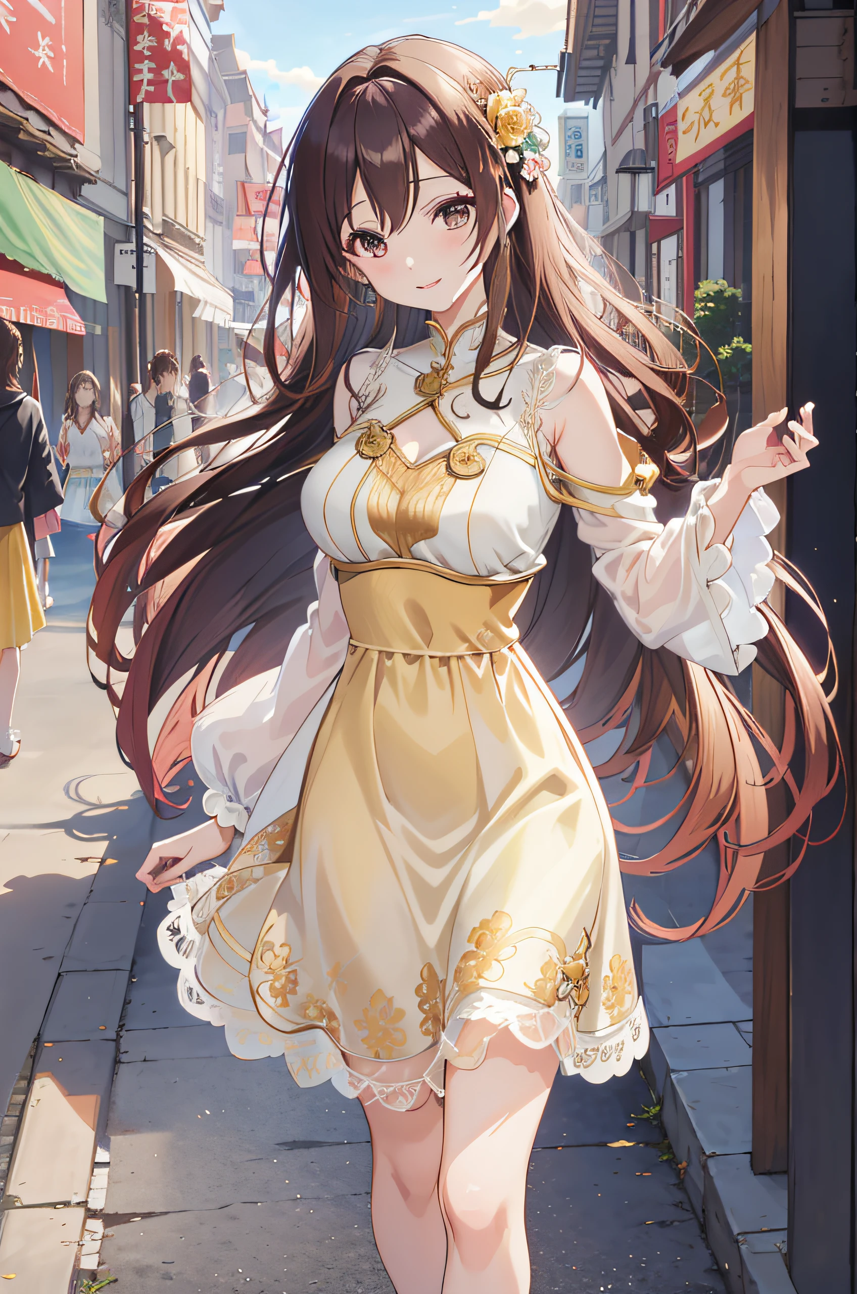 (masutepiece:1.2), (Best Quality:1.2), (((masutepiece))), (((Best Quality))), Perfect eyes, Perfect face, 1girl in, Fantasy Medieval City Square , Smiling,Long wavy hair, dark brown hair, White and yellow lace dress、Gorgeous floral skirt, Hair Ornament, Detailed background, eyeshadows, Fantasy、medium large breasts、Pose with chest emphasis with forward bend