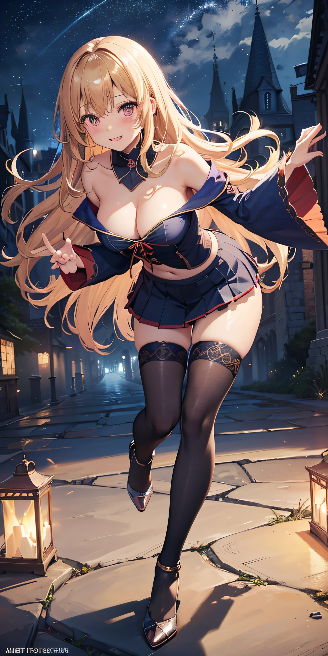masutepiece, Best Quality,  the Extremely Detailed CG Unity 8K Wallpapers,   Witch Cosplay, Long dark blonde wavy hair、off-shoulder knit, (darkblue pleated skirt), Medium milk,  Blushing, Shy laughter,  shoulders、(Pose to lean forward and emphasize the chest)、(turned around)、sexy hips、Sexy red underwear、Black High Heels、Luxurious magic wand and book、Church of the castle、sexy  pose、(((The skirt is rolled up by the wind)))、((buttocks visible))、((embarassed expression))