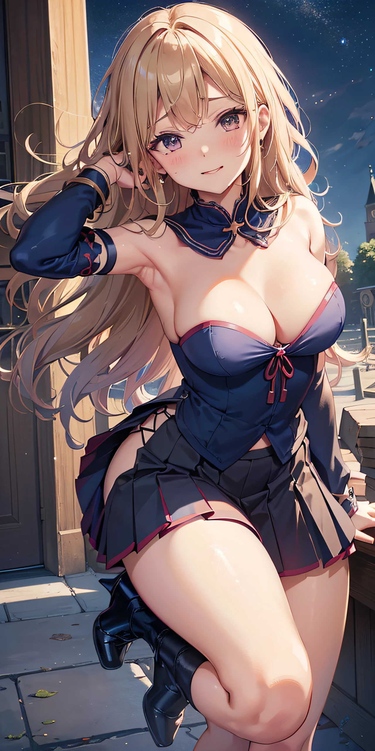 masutepiece, Best Quality, the Extremely Detailed CG Unity 8K Wallpapers, Sexy Witch Cosplay, Long dark blonde wavy hair、off-shoulder knit, (darkblue pleated skirt), Medium milk, Blushing, Shy laughter, Bare shoulders、(Pose to lean forward and emphasize the chest)、(turned around)、sexy hips、Sexy red underwear、Black High Heels、Luxurious magic wand and book、Church of the castle、sexy pose、(((The skirt is rolled up by the wind)))、((buttocks visible))、((embarassed expression))