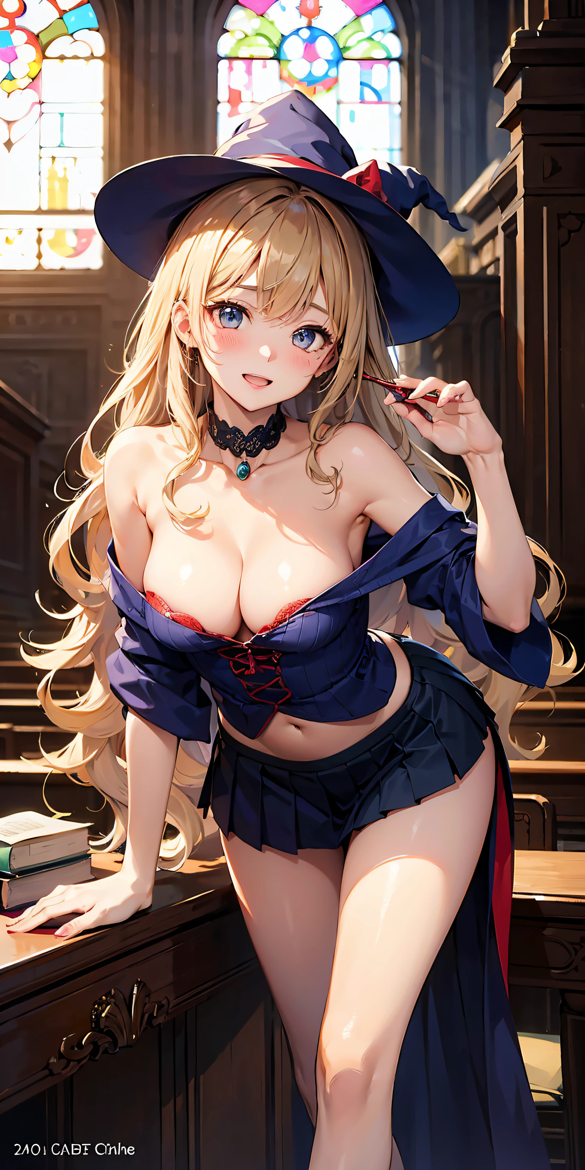 Adult Woman, Sexy Witch Cosplay, Long dark blonde wavy hair、off-shoulder knit, (darkblue pleated skirt), Medium milk, Blushing, Shy laughter, Bare shoulders、(Pose to lean forward and emphasize the chest)、(turned around)、Puffy nipple、sexy hips、Red lace panties、Black High Heels、Luxurious magic wand and book、Church of the castle、sexy pose、((embarassed expression))