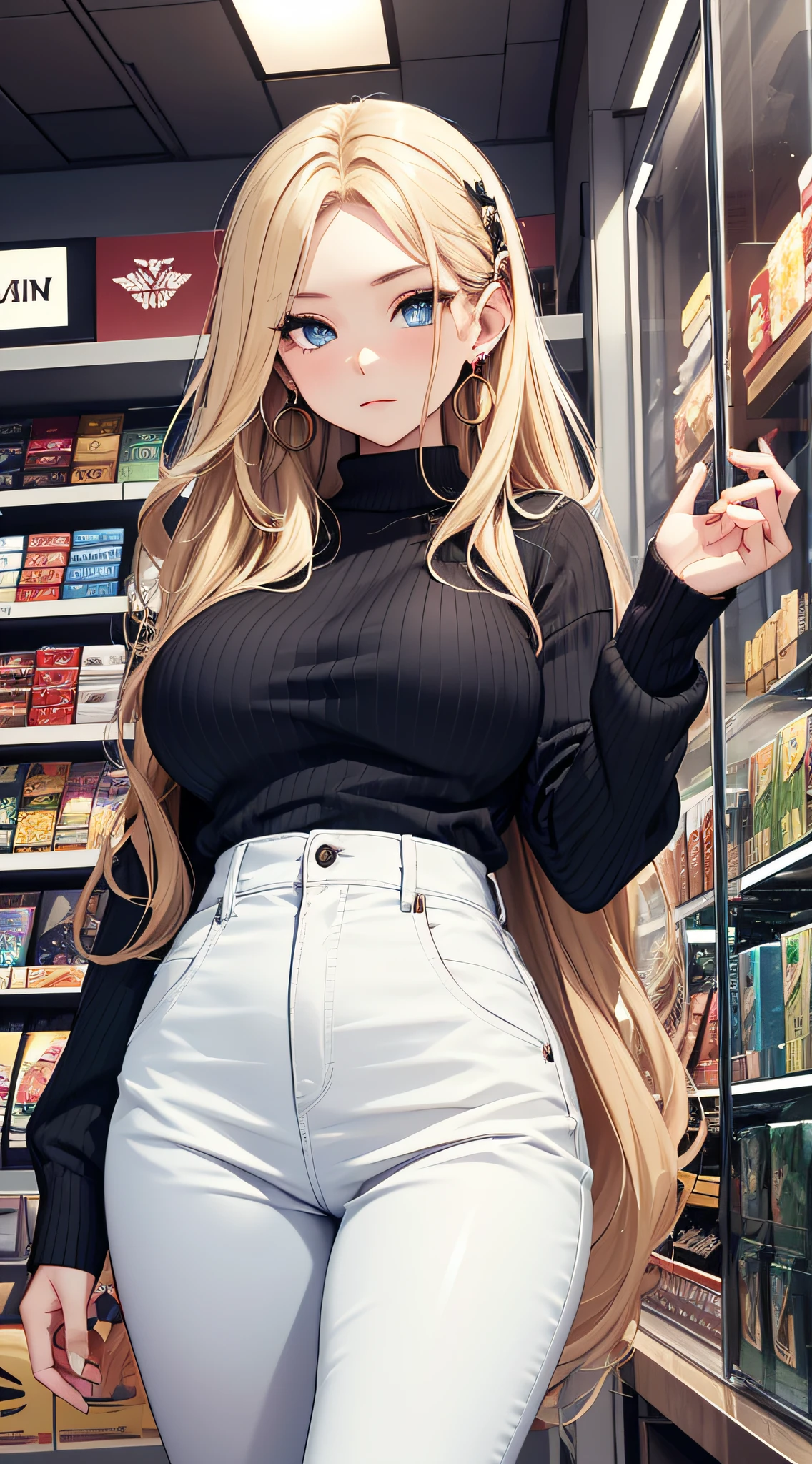 top-quality、Top image quality、​masterpiece、girl with((18year old、Best Bust、big bast,Beautiful blue eyes、Breasts wide open, a blond、A slender,Large valleys、Black sweater、White pants、point to the shelf、Ruby Earrings、View product shelf)）hiquality、Beautiful Art、Background with((Large shopping malls、Accessory Shop)))、,masutepiece、visualart、depth of fields、