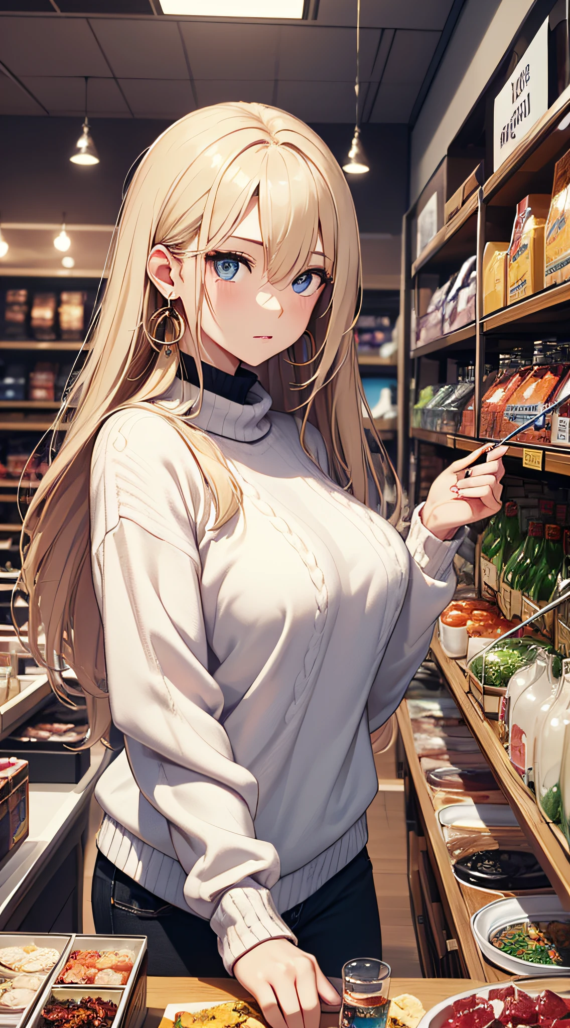 top-quality、Top image quality、masterpiece、girl with((18year old、Best Bust、big bast,Beautiful blue eyes、Breasts wide open, Blonde ponytail、A slender,Large valleys、Black sweater、White pants、point to the shelf、Ruby Earrings、View product shelf))hiquality、Beautiful Art、Background with((Large shopping malls)))、,masutepiece、visualart、depth of fields、
