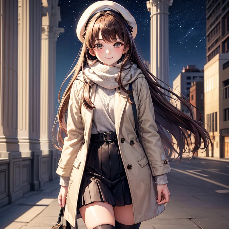 master piece , Best Quality,Wallpaper 8k CG, hyper quality, The best ,1girl in,Solo,Seductive smile,intricate detailes, An ultra-fine illustrations, Whole body, Girls Front, Close-up focus, Walking motion, beautiful detailed fullbody, Young girls, Lower long hair, hime-cut, Parted bangs, light brown hair, Beautiful face, lovely big eyes, normal hands, flat chest, zettai ryouiki, Light brown eyes, White beret, scarf, Bag, sweater,hooded coat,starrysky,Cityscape,