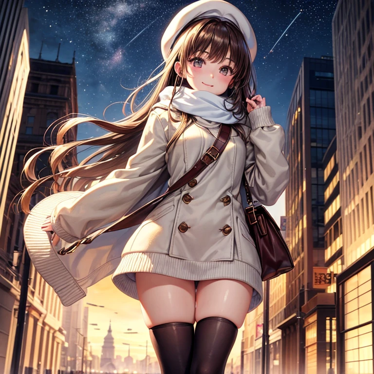 ​master piece , Best Quality，Wallpaper 8k CG, hyper quality, The best ，1girl in,Solo，Seductive smile,intricate detailes, An ultra-fine illustrations, Whole body, Girls Front, Close-up focus, Walking motion, beautiful detailed fullbody, Young girls, Lower long hair, hime-cut, Parted bangs, light brown hair, Beautiful face, lovely big eyes, normal hands, flat chest, zettai ryouiki, Light brown eyes, White beret, scarf, Bag, sweater,hooded coat,starrysky,Cityscape,