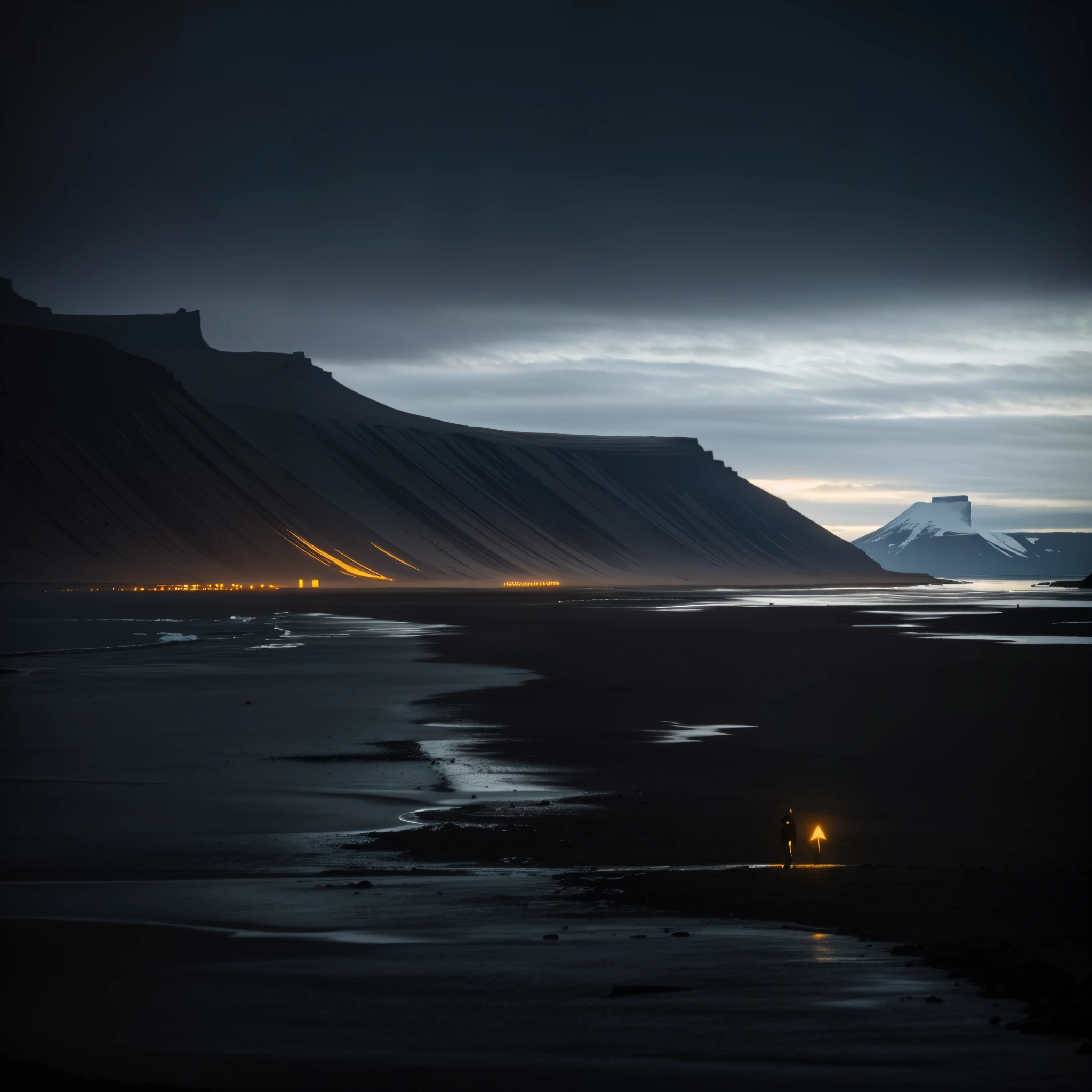 People walking on the beach,The background is a mountain, beautiful dark landscape, Icelandic landscape science fiction, Moody scenes, by Jesper Essien, author:Johannes Voss, iceland, author:Arik Brauer, iceland photography, iceland landscape photography, Beautiful dark creepy landscape, dark scenery, Awesome and moody, moody iconic scene, gloomy scenery